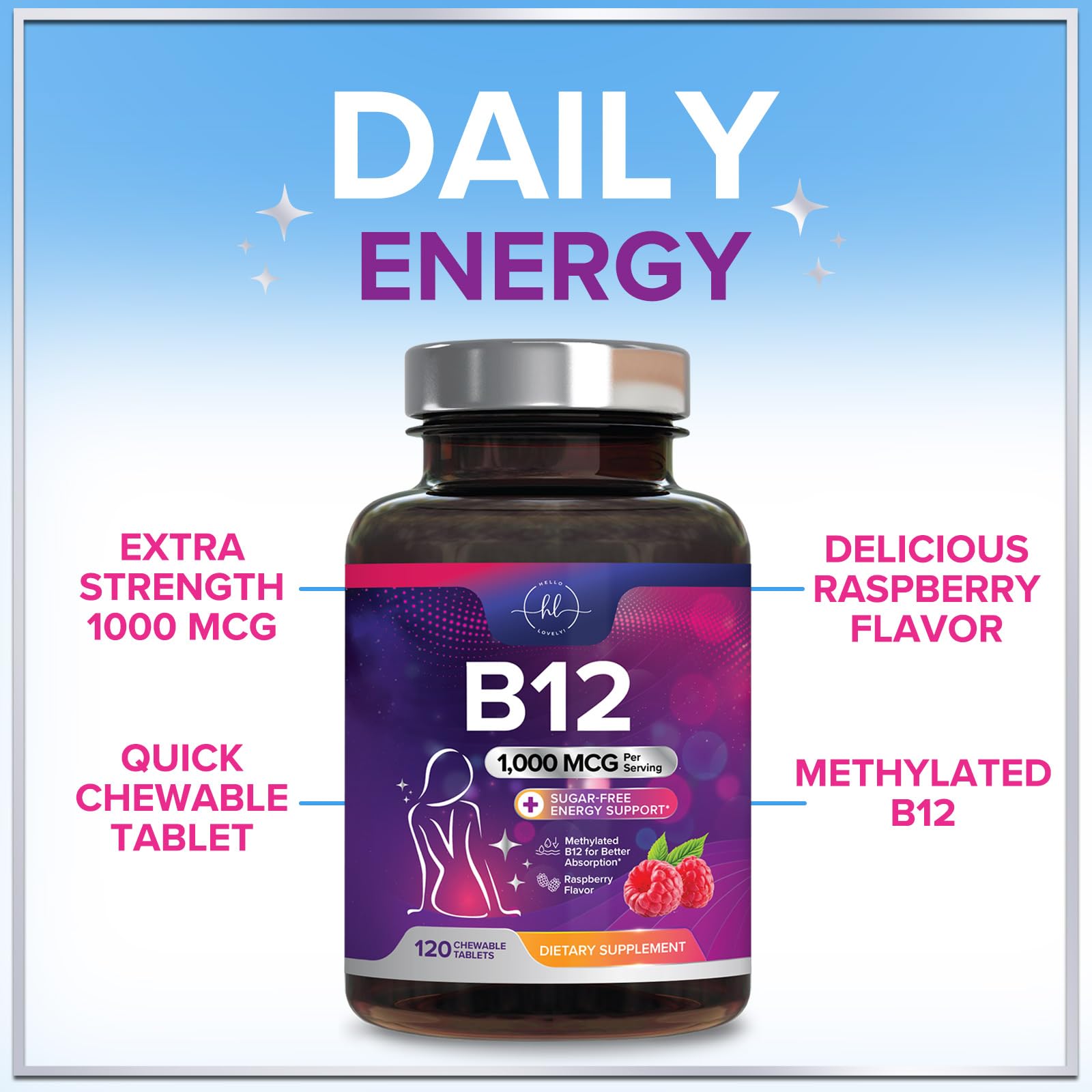 Hello Lovely! B12 Vitamin Chewables with fresh raspberries