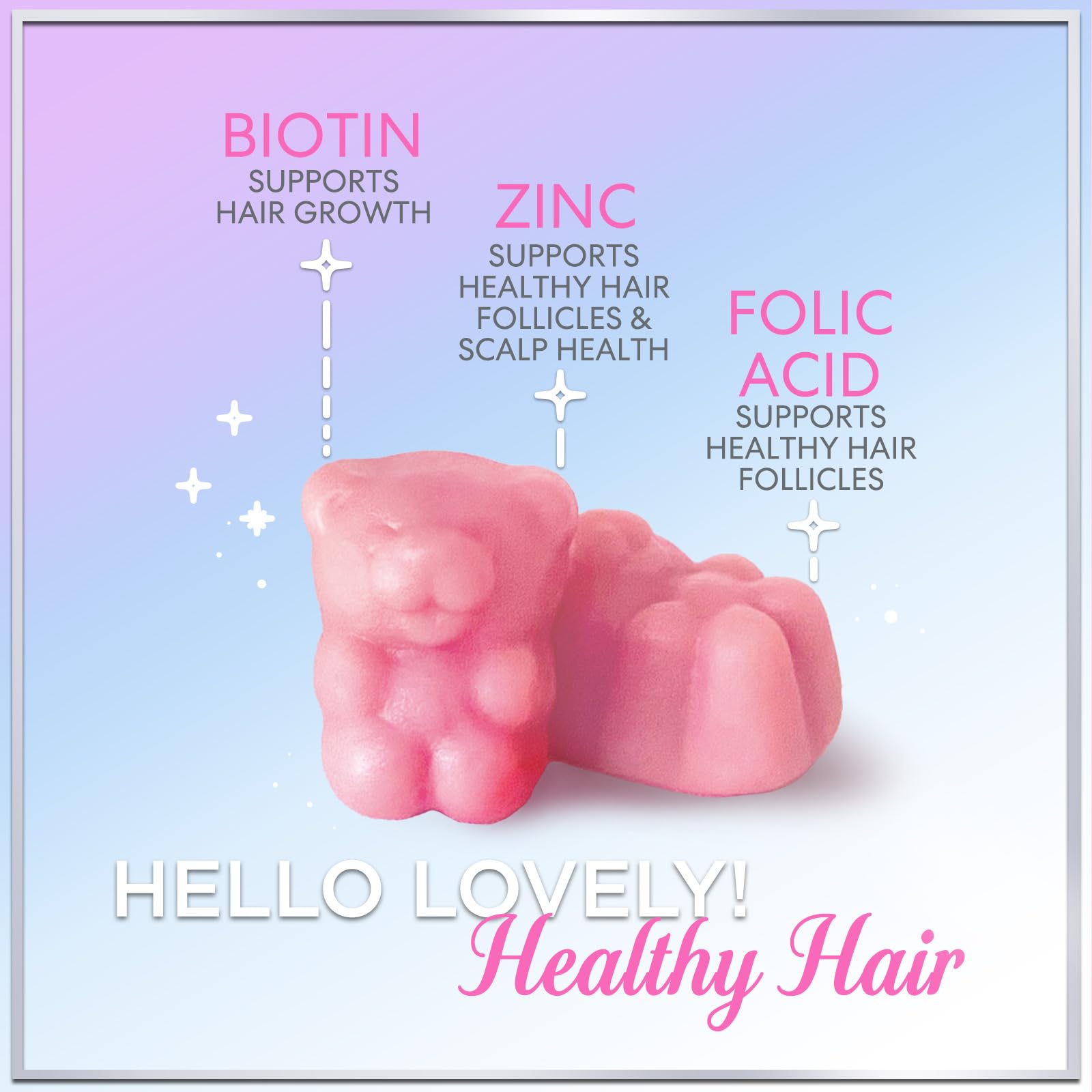 Hello Lovely! Biotin Gummies with a handful of gummies on a table