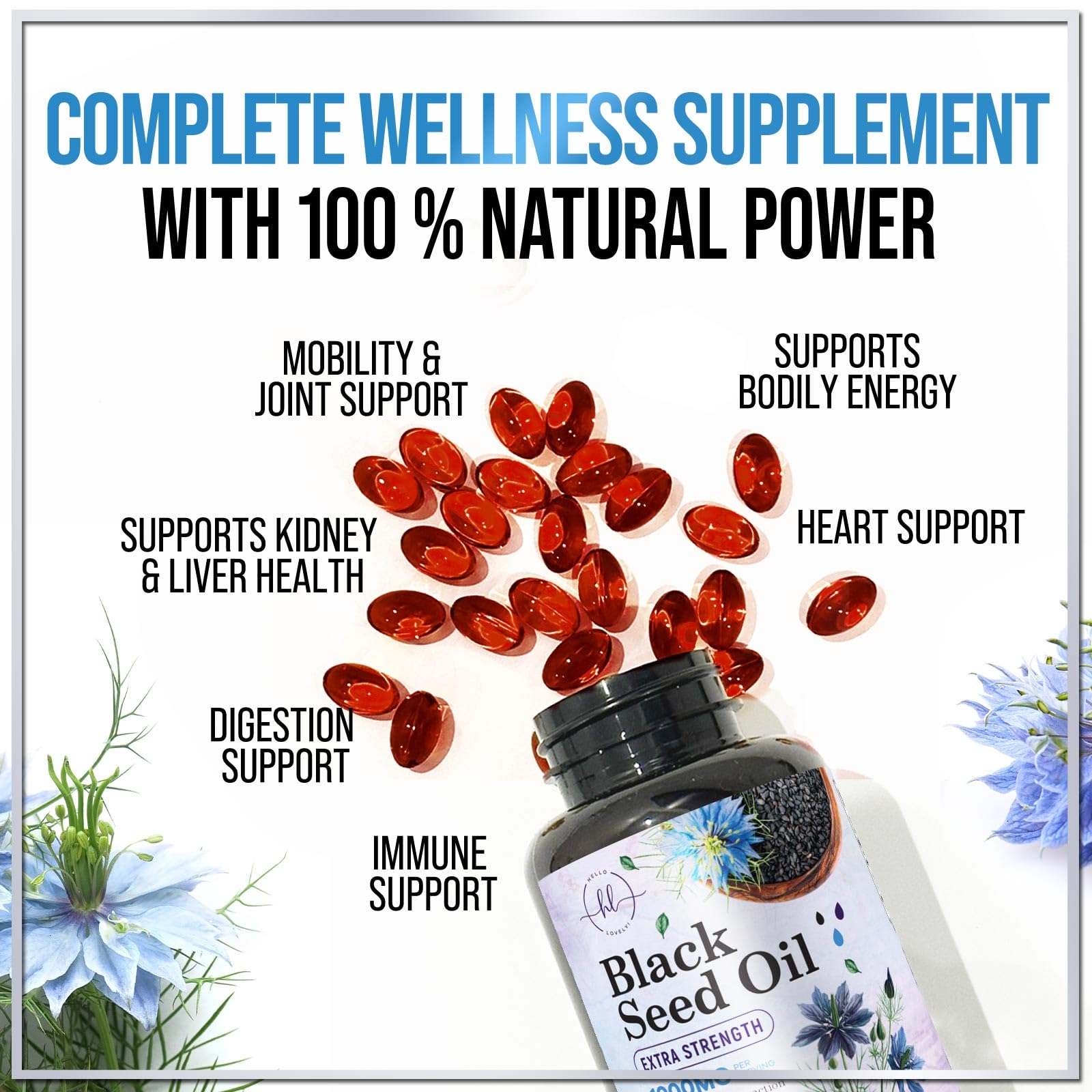 Hello Lovely! Black Seed Oil Capsules 1000mg with a measuring spoon
