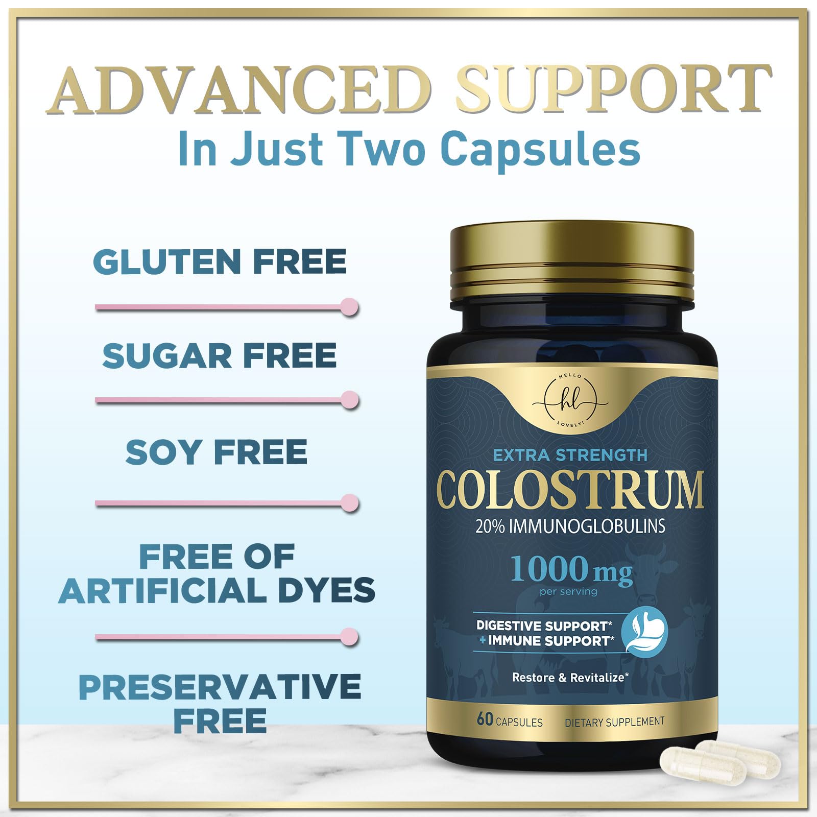 Hello Lovely! Colostrum Capsules on a wooden table