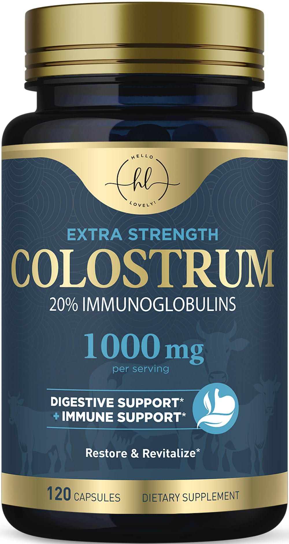 Hello Lovely! Colostrum Supplement 1000mg Bovine Powder Capsules front view