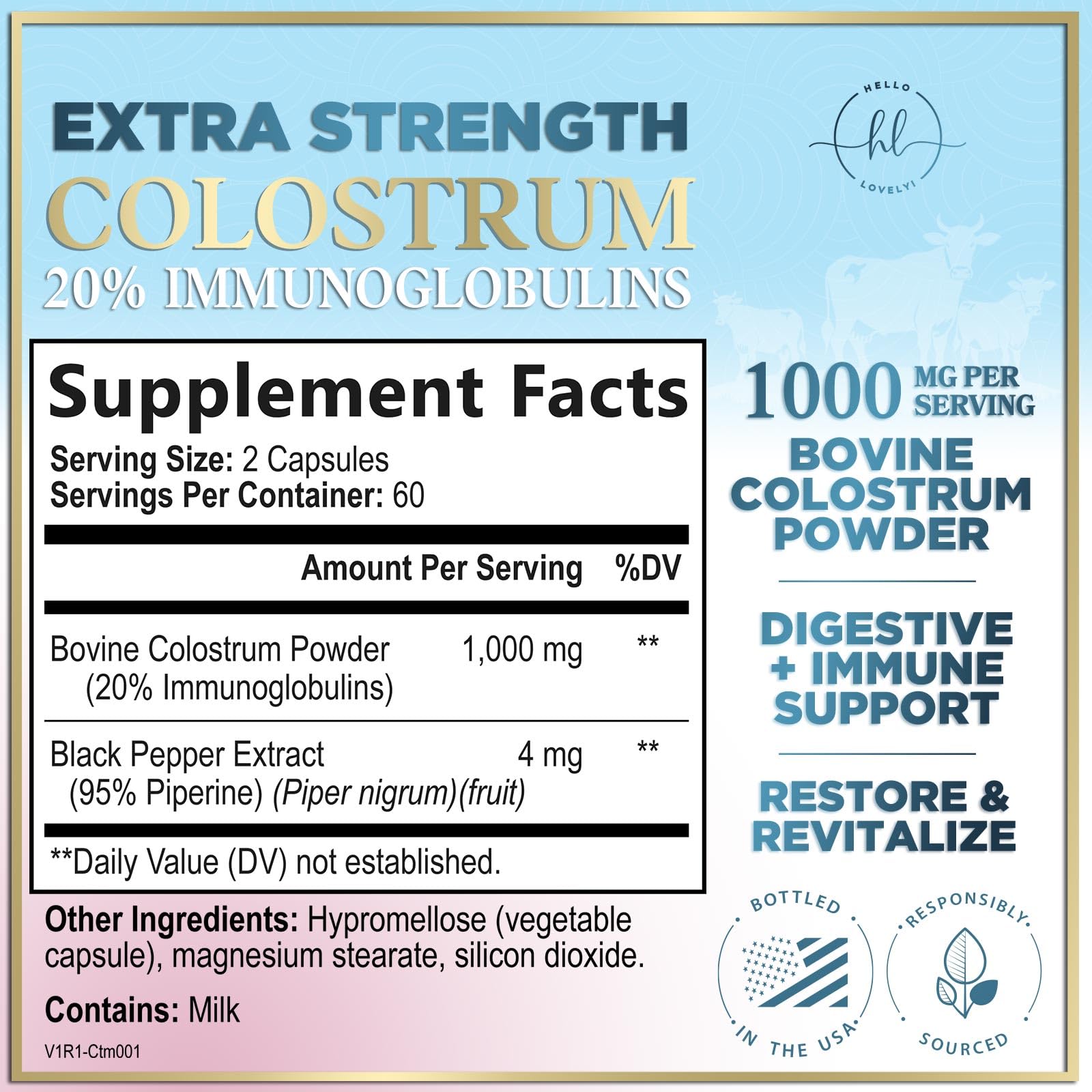 Hello Lovely! Colostrum Supplement 1000mg Bovine Powder Capsules side view