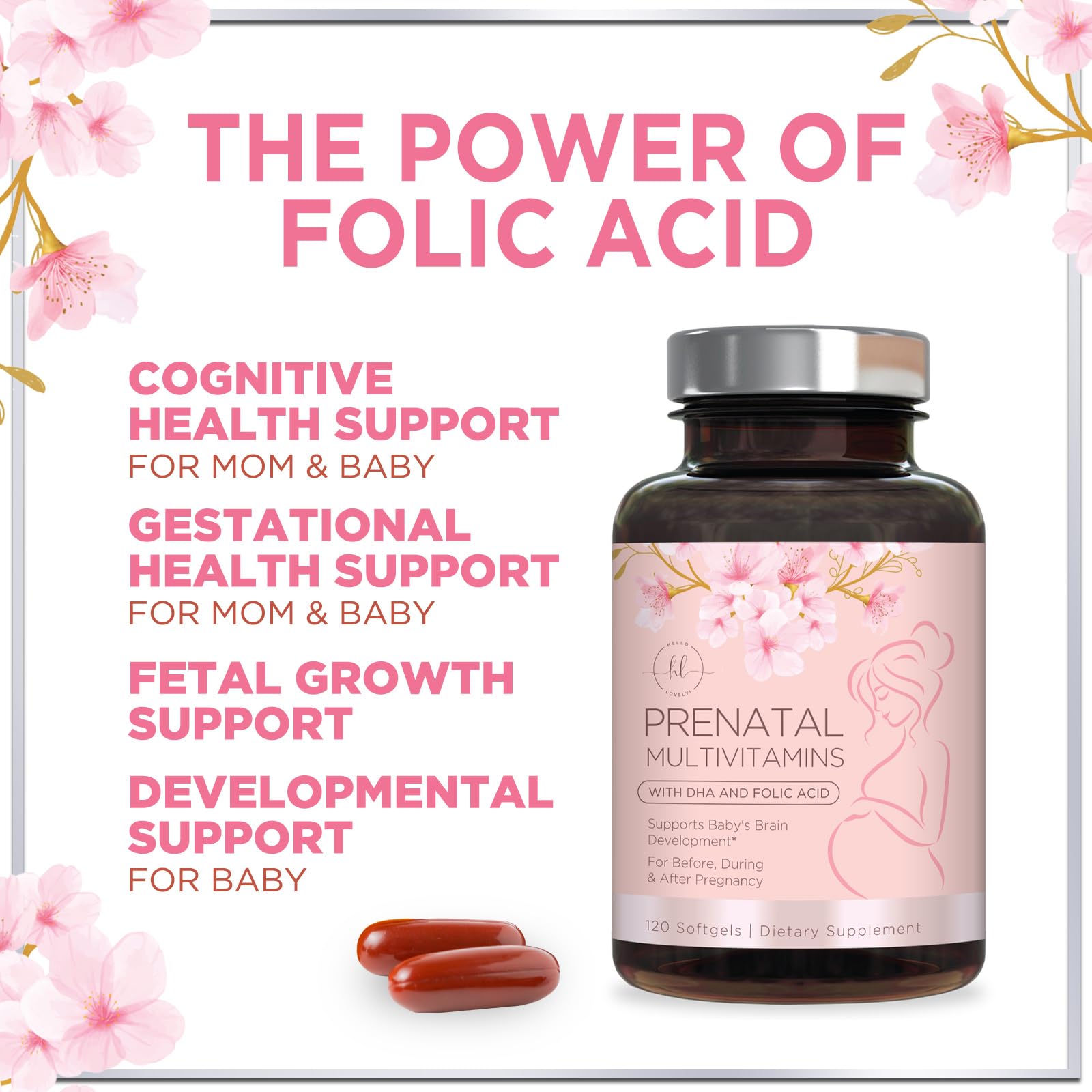 Hello Lovely! Complete Prenatal Vitamins with essential vitamins highlighted