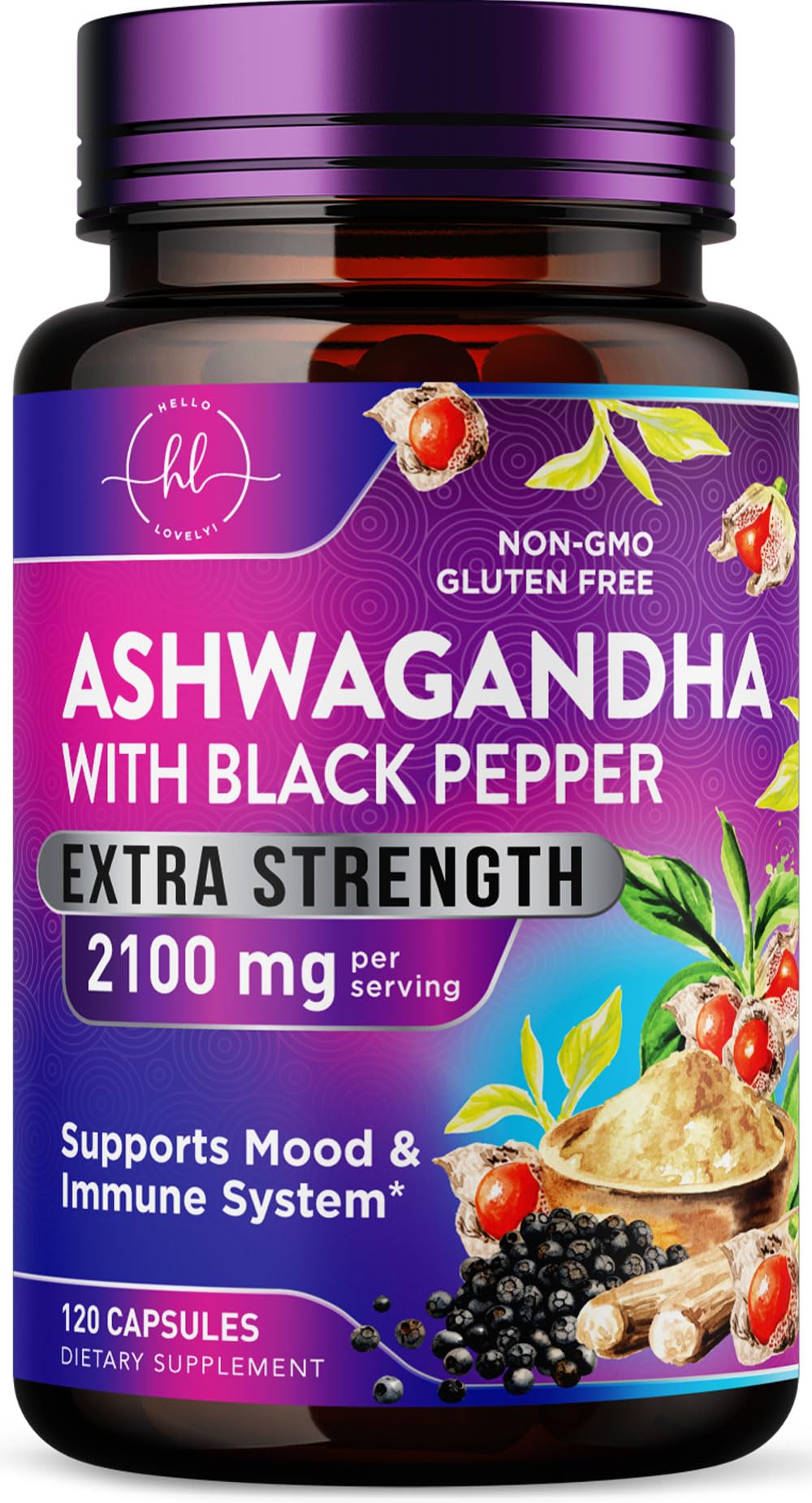 Hello Lovely! Extra Strength Ashwagandha Capsules 60 count front view