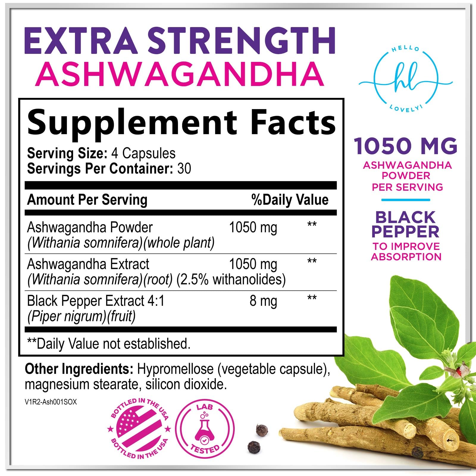 Hello Lovely! Extra Strength Ashwagandha Capsules bottle side view