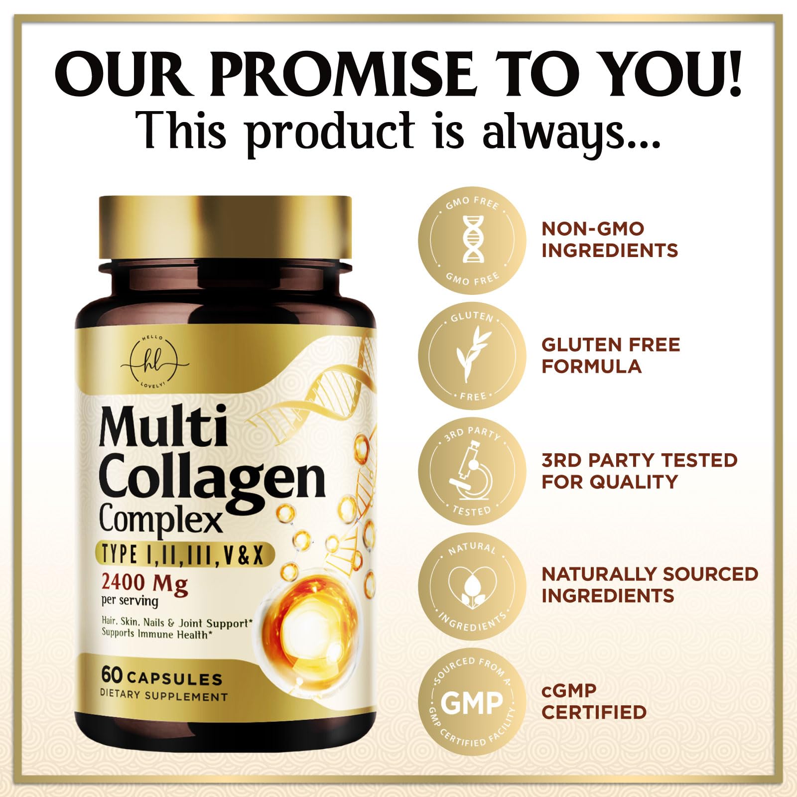 Hello Lovely! Multi Collagen Complex Capsules on a wooden table