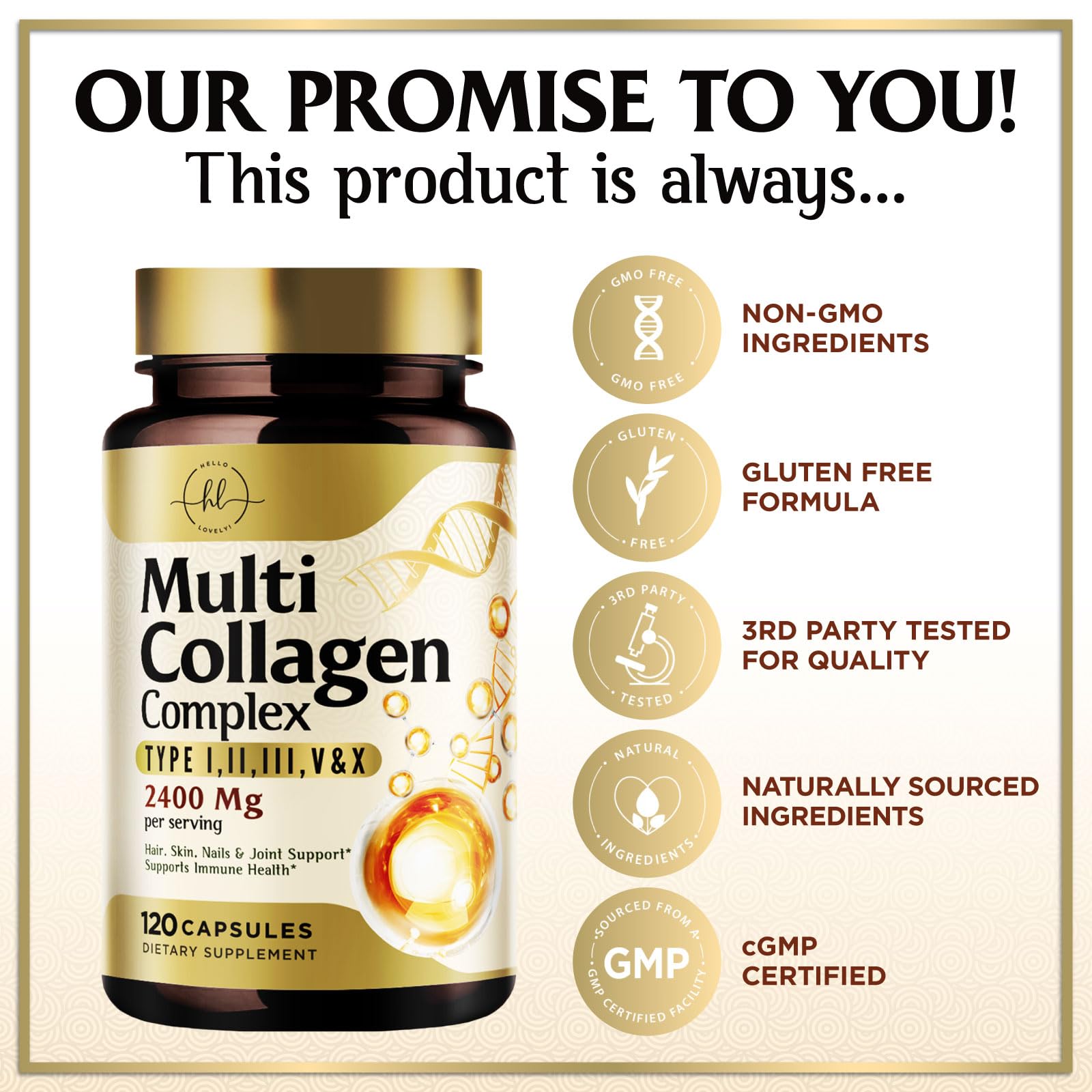 Hello Lovely! Multi Collagen Complex Capsules on a wooden table