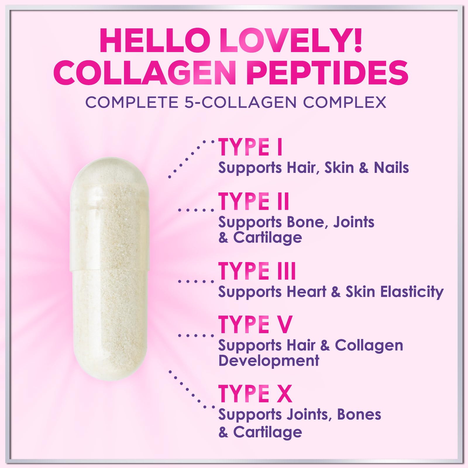 Hello Lovely! Multi Collagen Peptides Capsules open bottle showing capsules