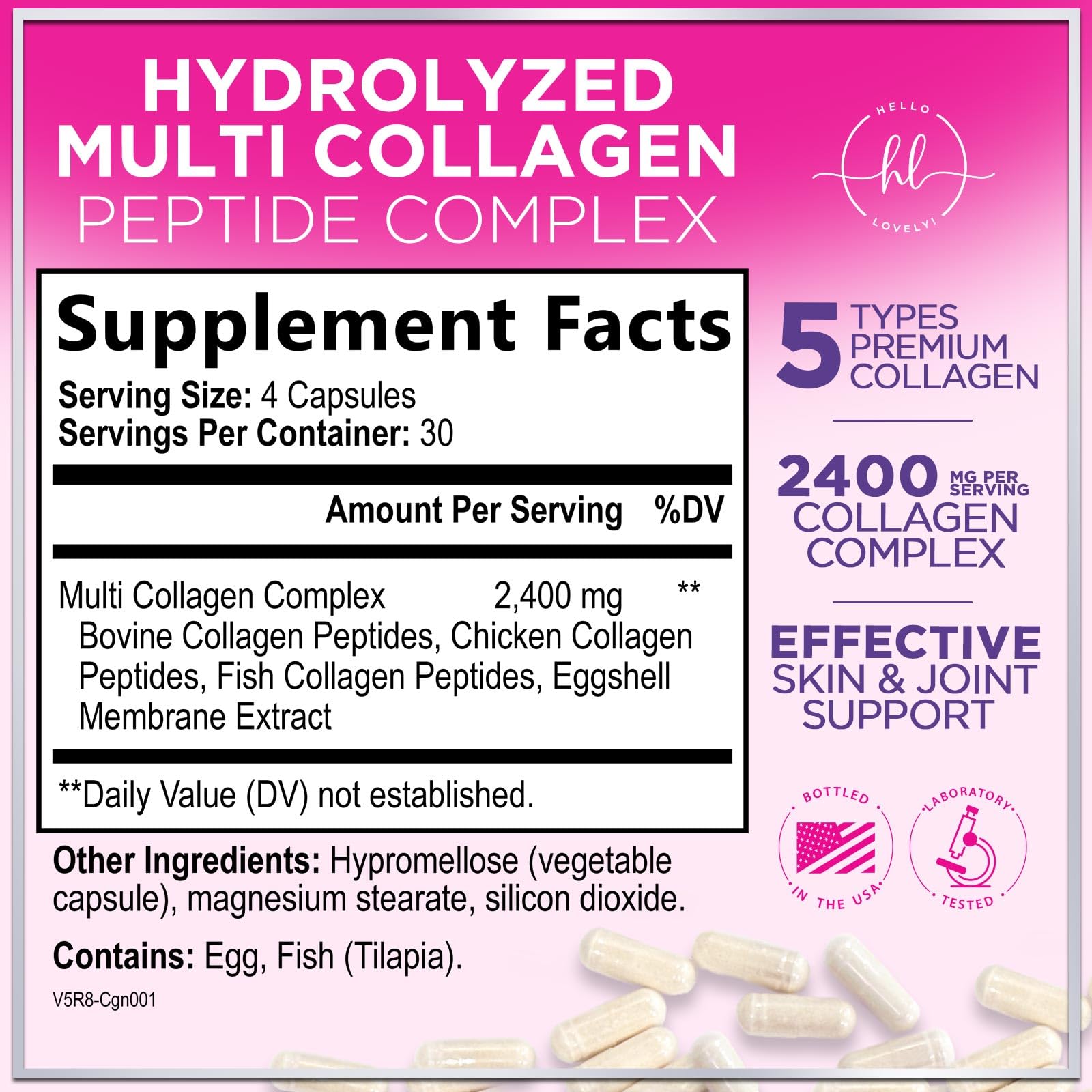 Hello Lovely! Multi Collagen Peptides Capsules side view with label