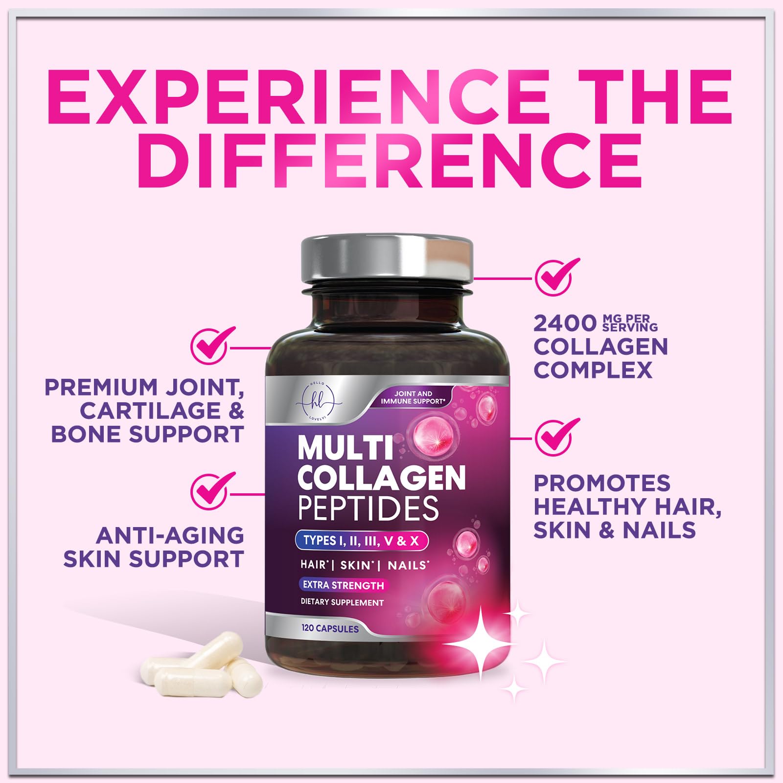 Hello Lovely! Multi Collagen Peptides Capsules with a glass of water