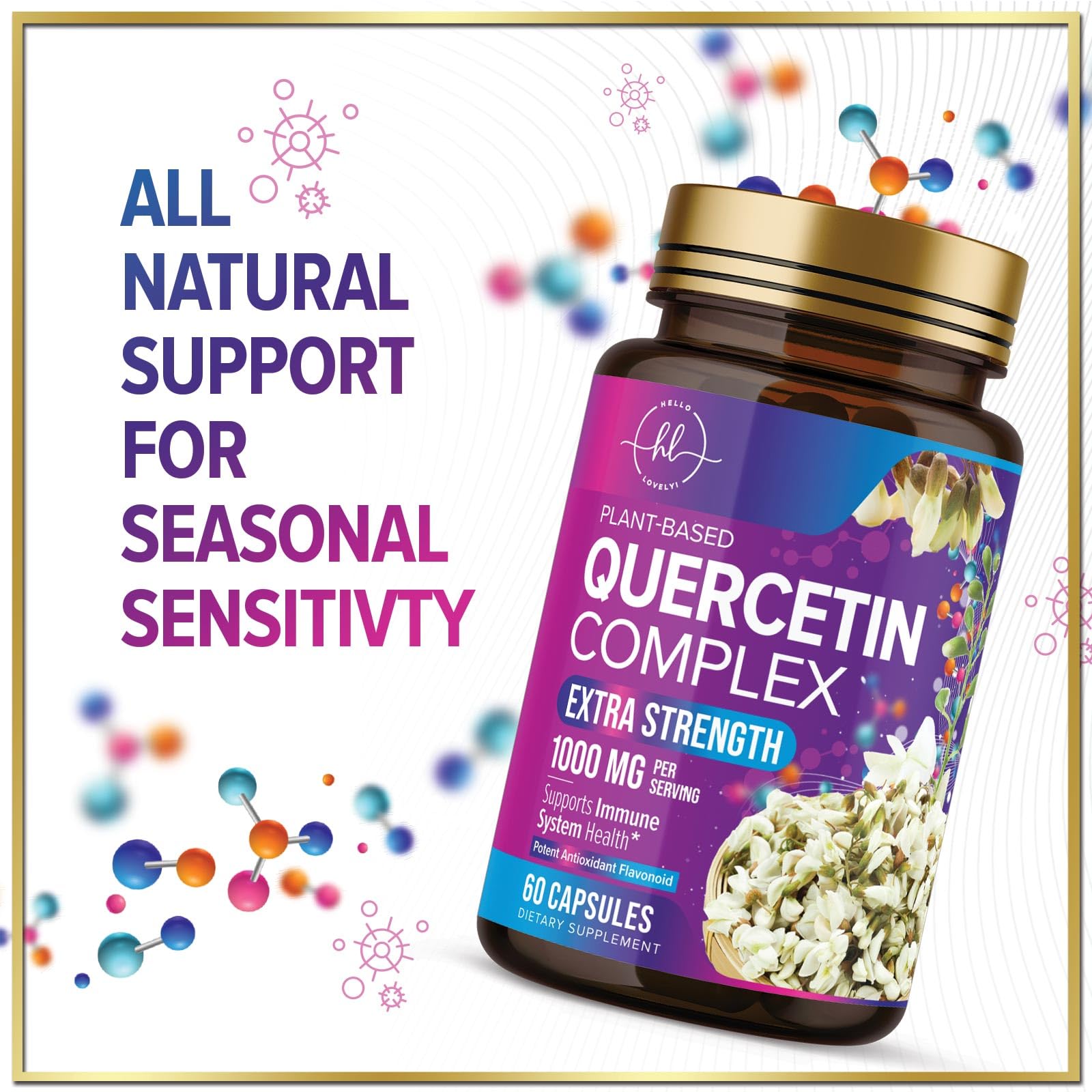 Hello Lovely! Quercetin Dihydrate Supplement 1000mg on a wooden table