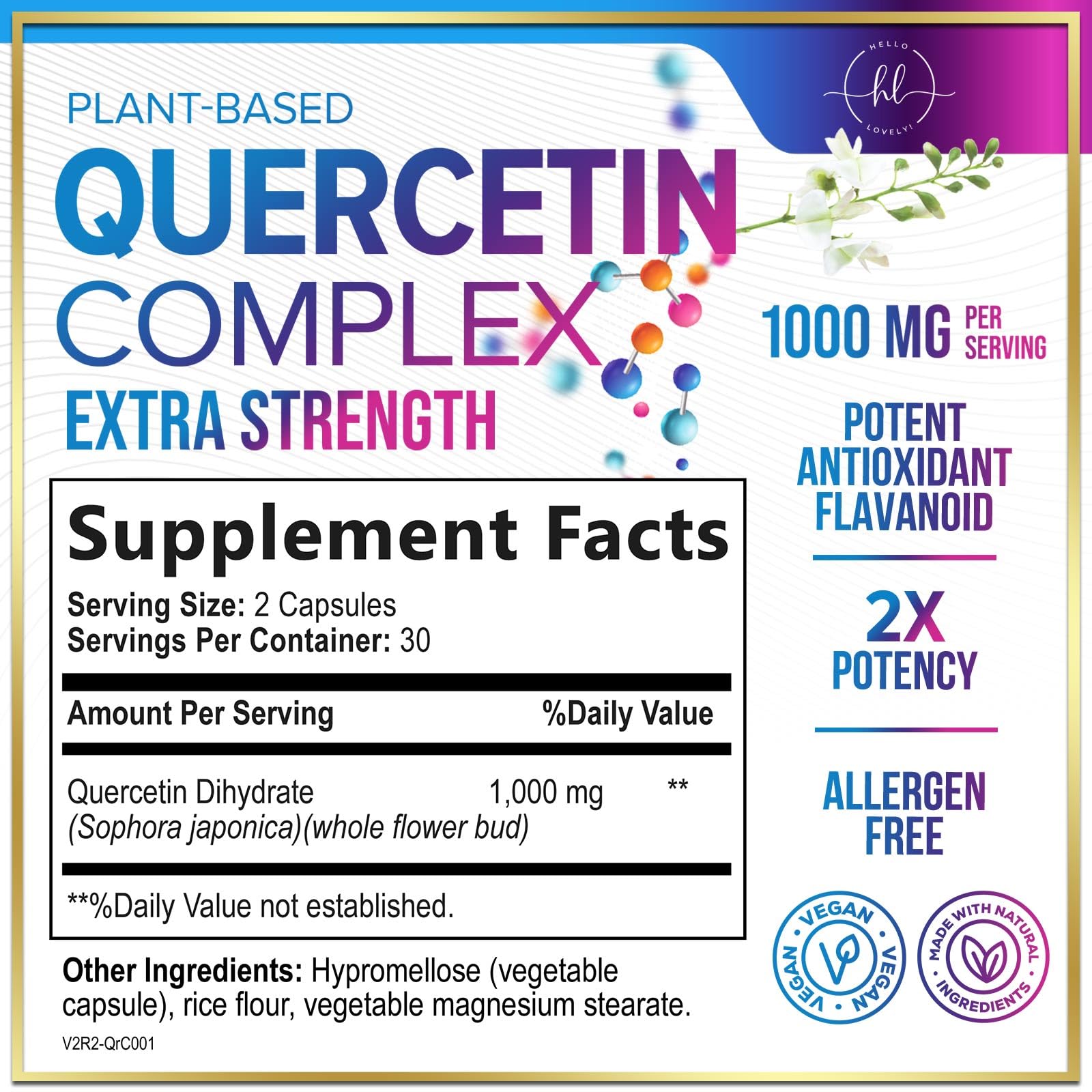 Hello Lovely! Quercetin Dihydrate Supplement 1000mg side view