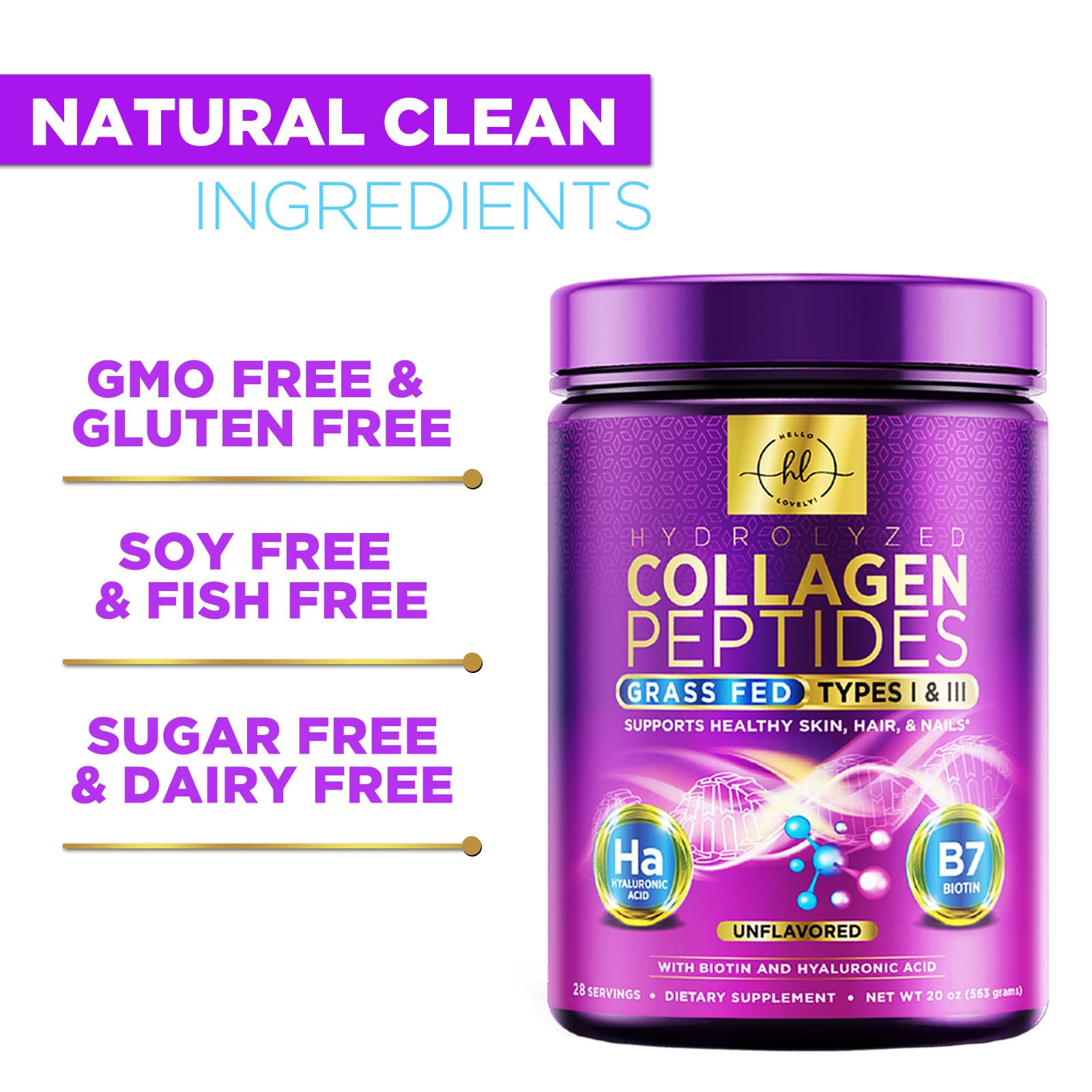 Hello Lovely! Unflavoured Collagen Peptides Powder with a spoon