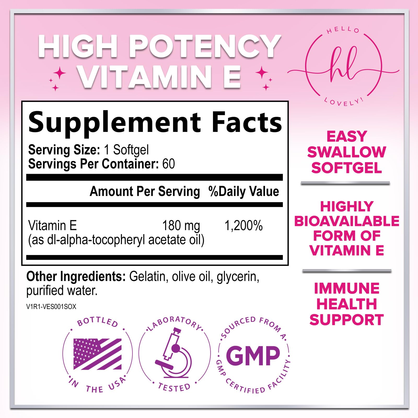 Hello Lovely! Vitamin E Softgels 180mg bottle side view