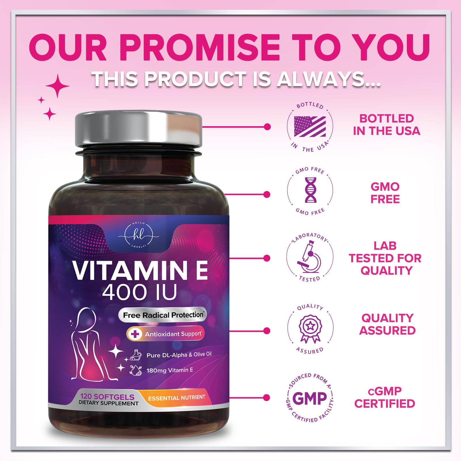 Hello Lovely! Vitamin E Softgels 180mg side view of softgel