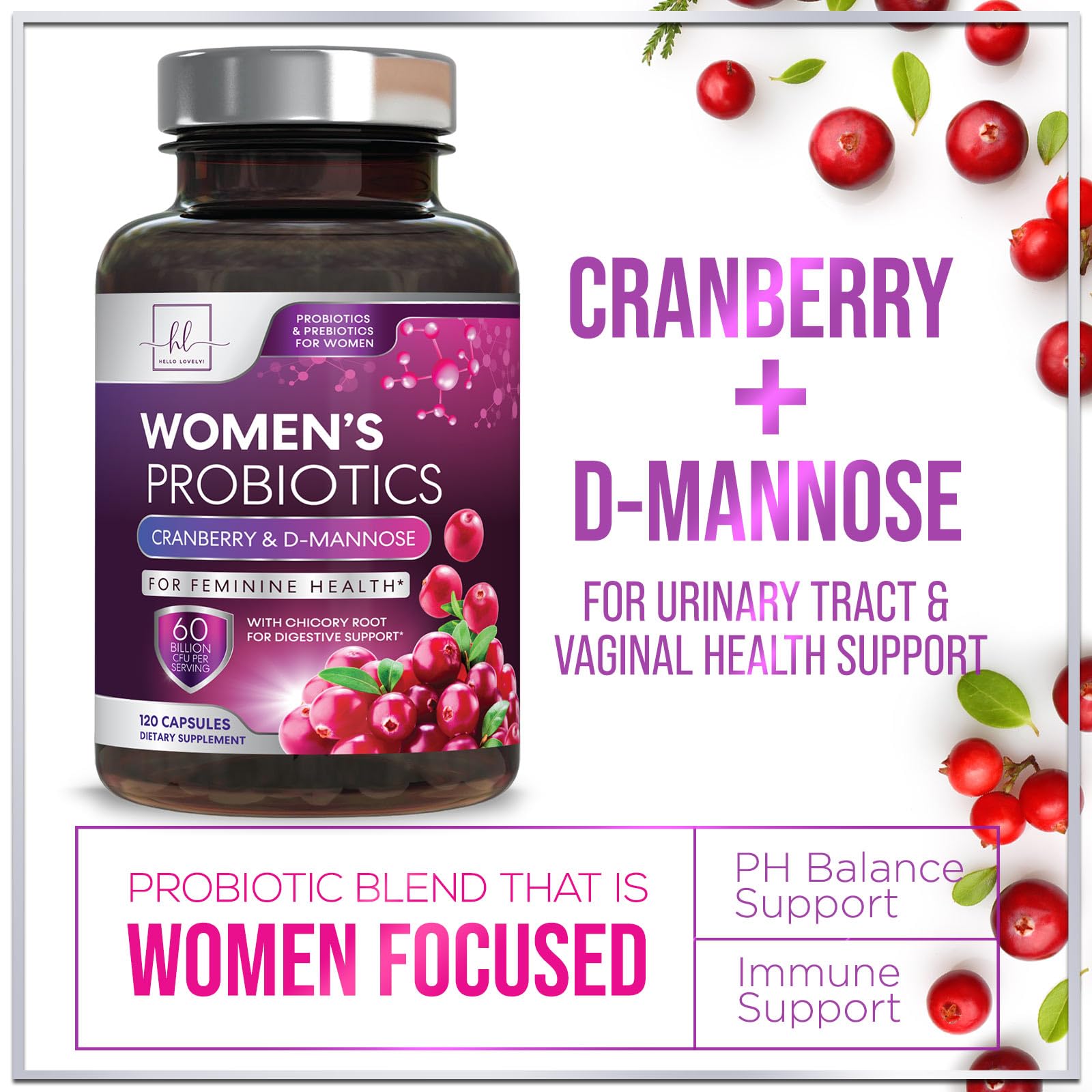 Hello Lovely! Women's Probiotic Capsules with cranberry extract displayed on a wooden table