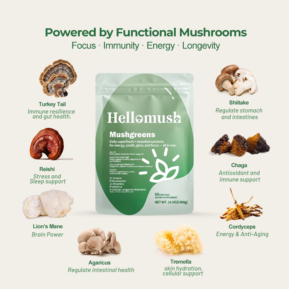Hellomush Super Greens Powder mixed in a glass of water