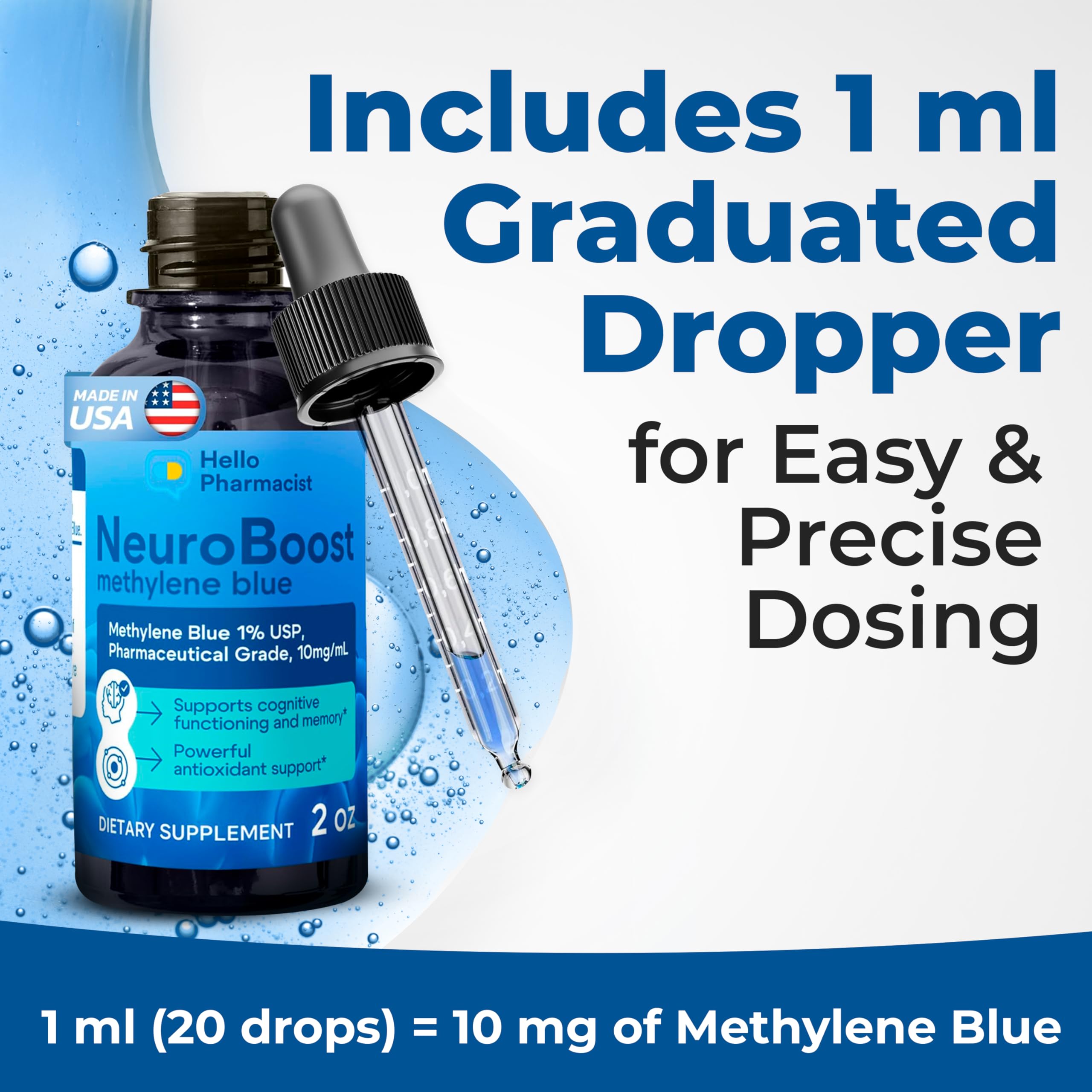 HelloPharmacist Methylene Blue 1% Liquid supplement label close-up