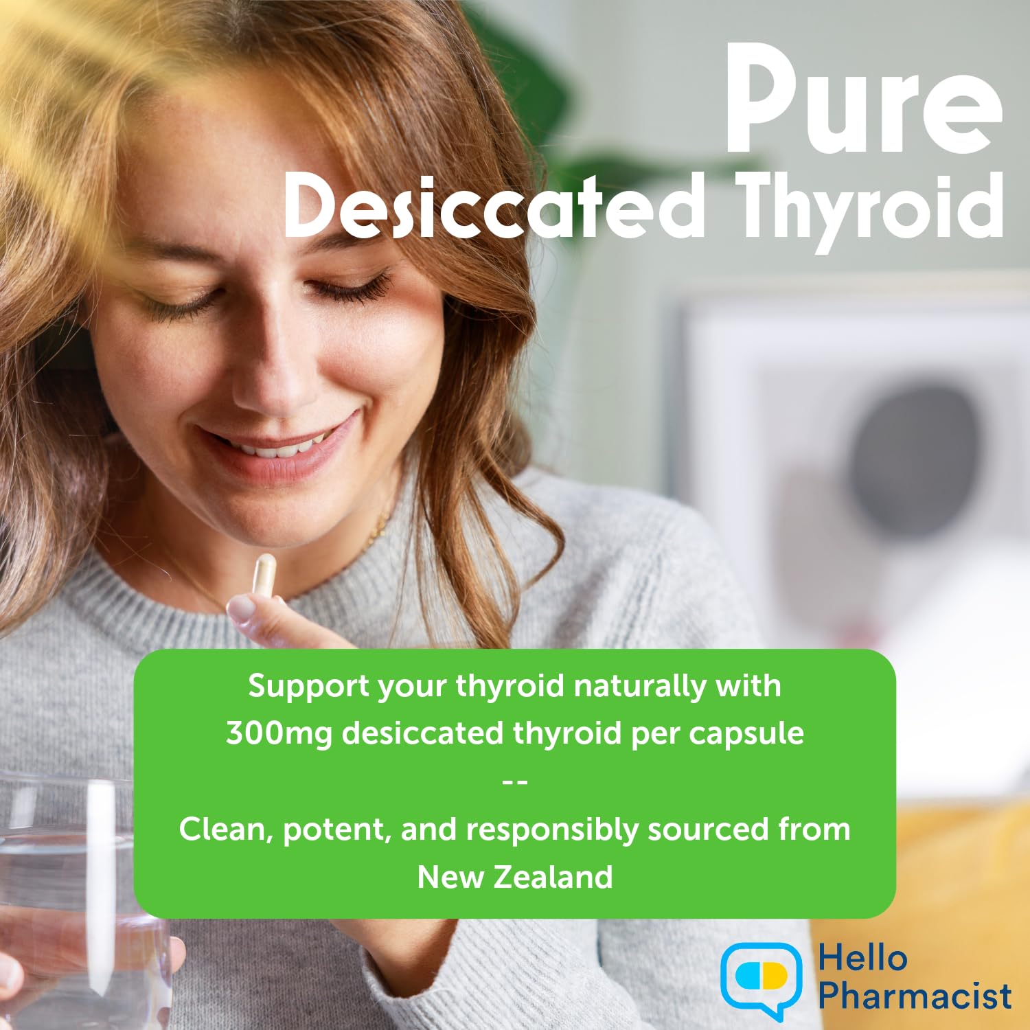 HelloPharmacist Raw Desiccated Thyroid Supplement 300mg capsules in a hand