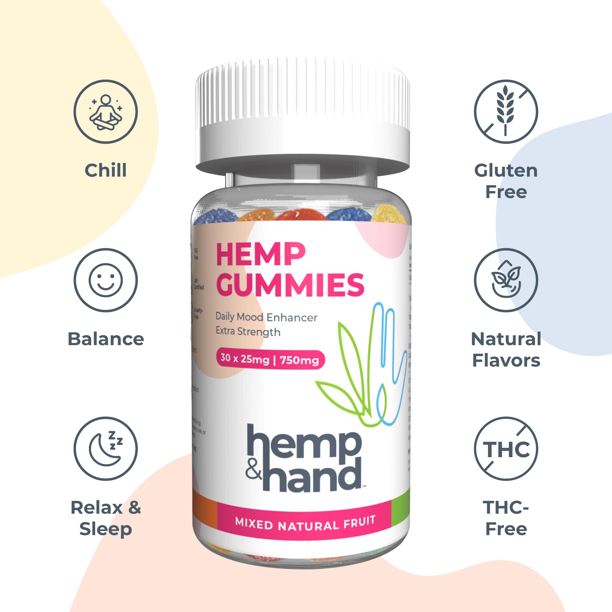 Hemp & Hand Omega 3-6-9 Gummies displayed with fresh fruit