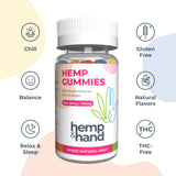 Hemp & Hand Omega 3-6-9 Gummies displayed with fresh fruit