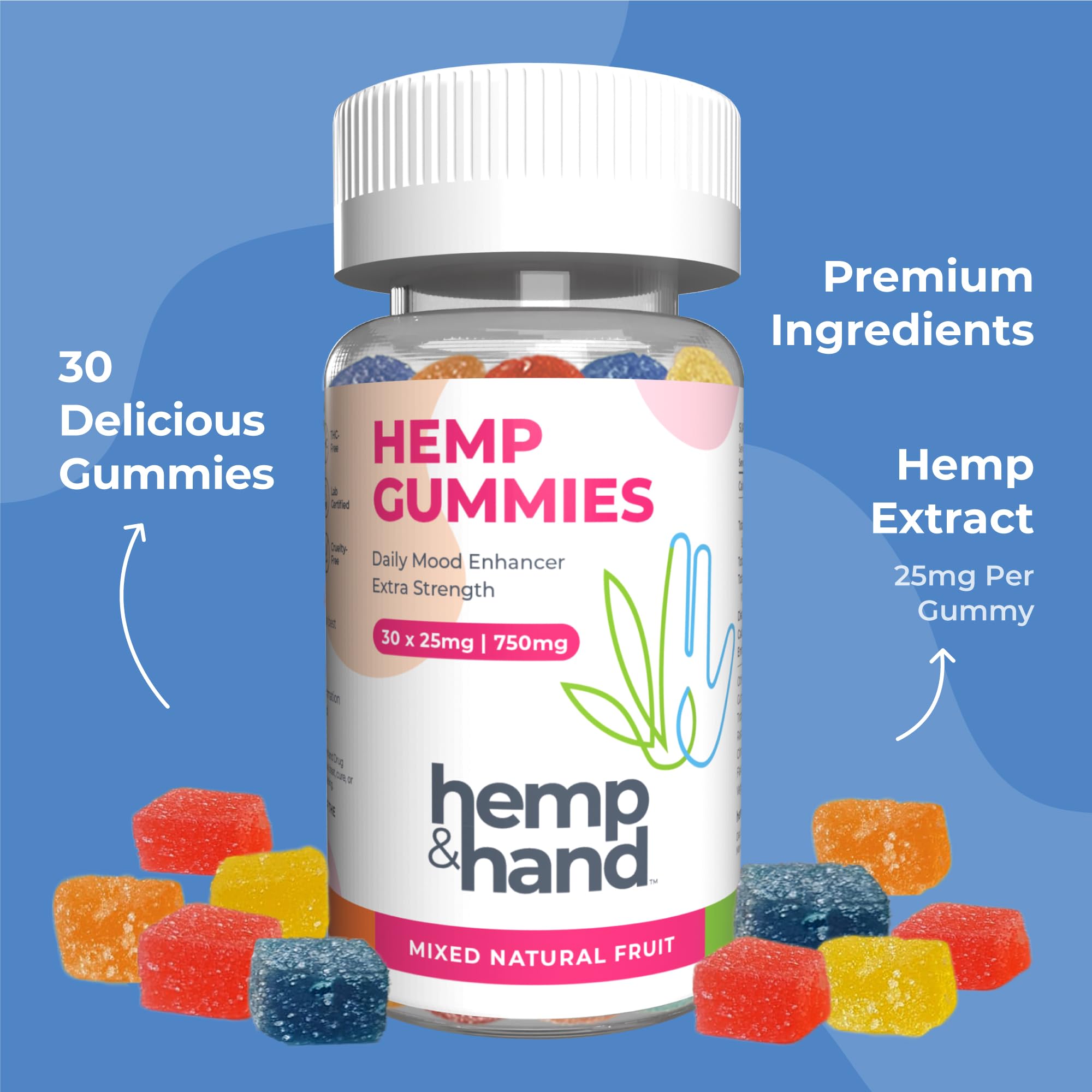 Hemp & Hand Omega 3-6-9 Gummies packaging with natural fruit flavours