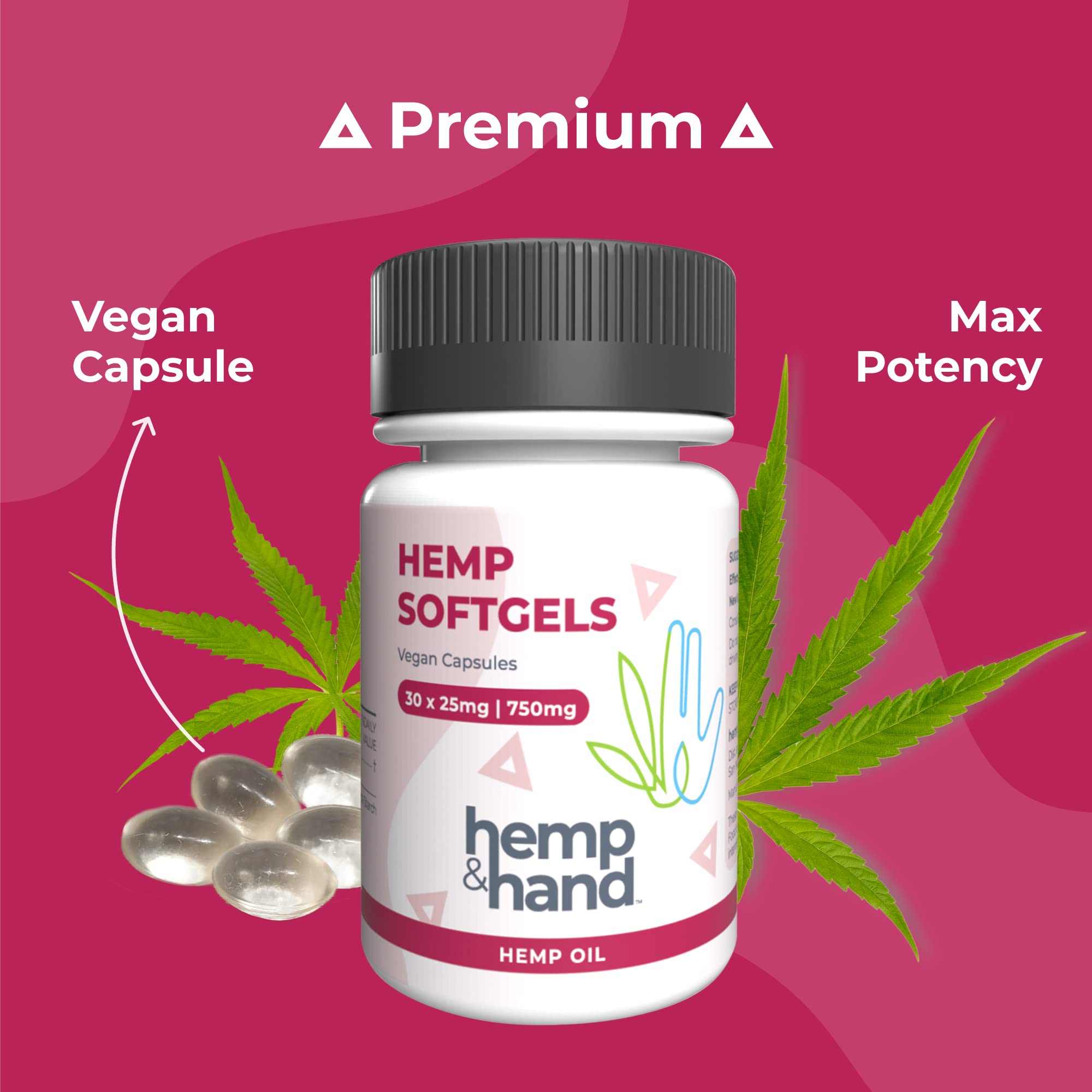 Hemp & Hand Omega 3-6-9 Softgels side view showing dosage instructions