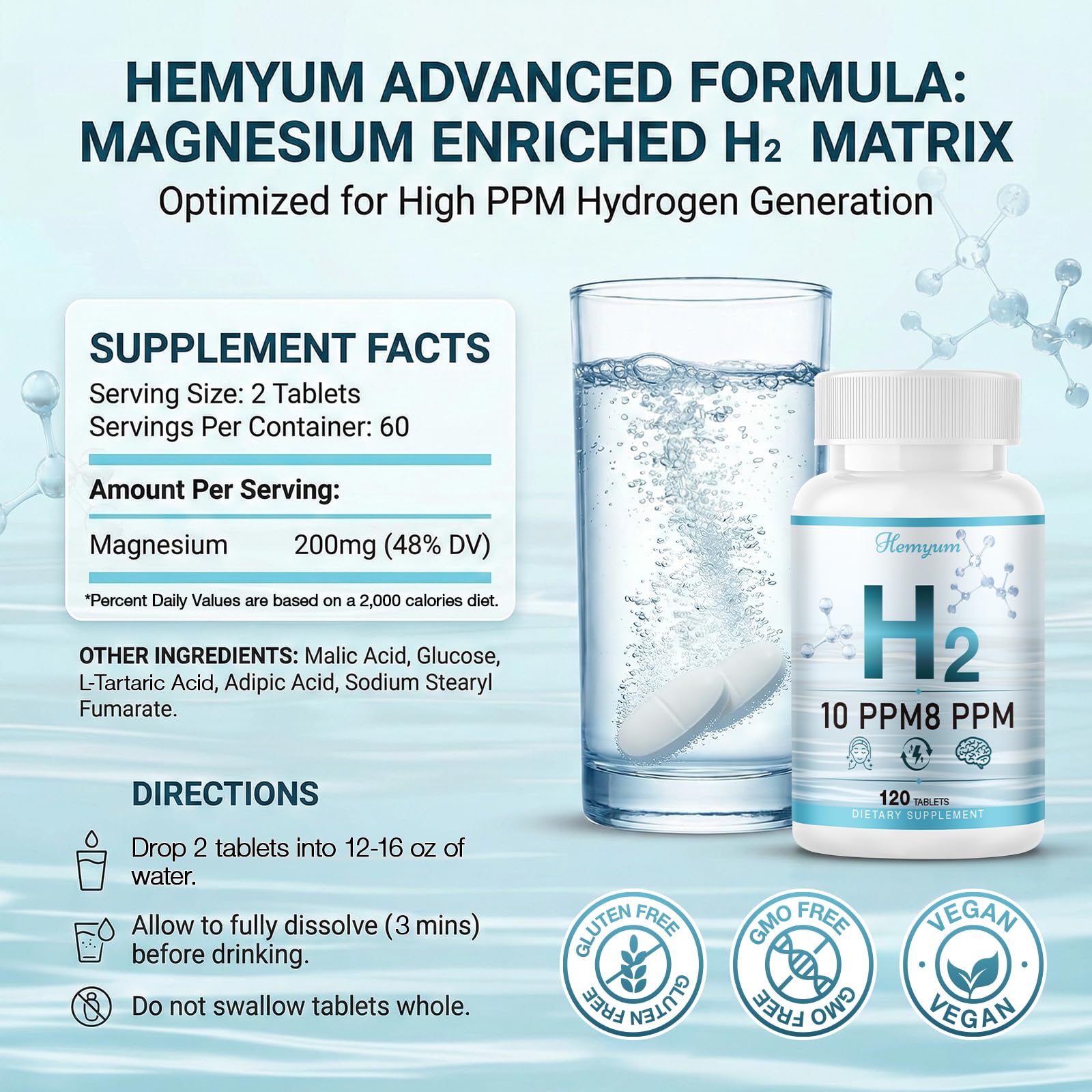 Hemyum Hydrogen Tablets 120 Count with water glass