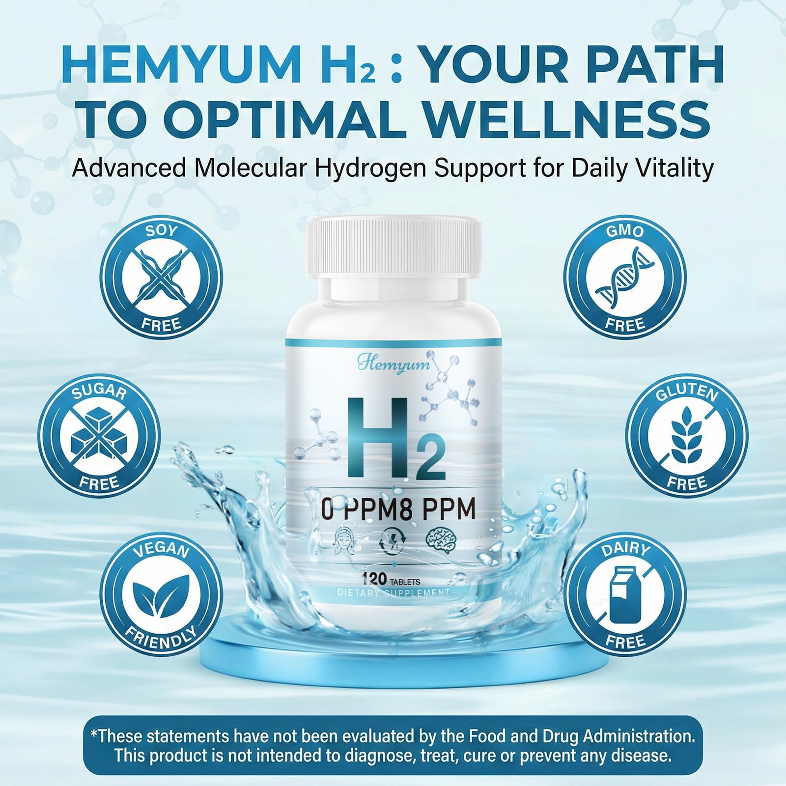 Hemyum Hydrogen Tablets side view with dosage instructions