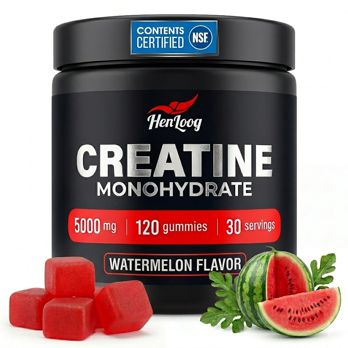 Hen Loog Creatine Gummies 5000mg watermelon flavour front view