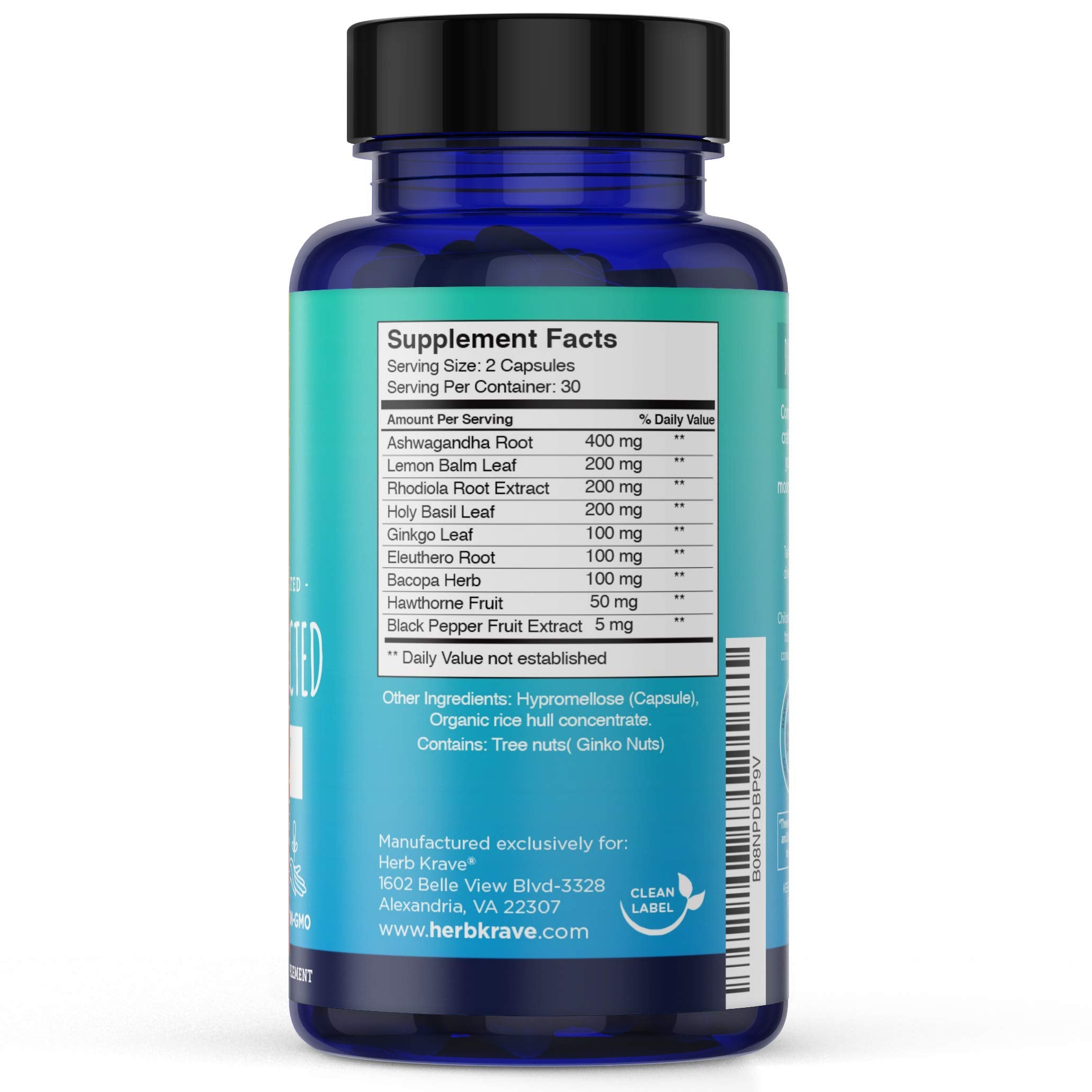 Herb Krave Calm and Connected Adrenal Extracts 50g side view with ingredients