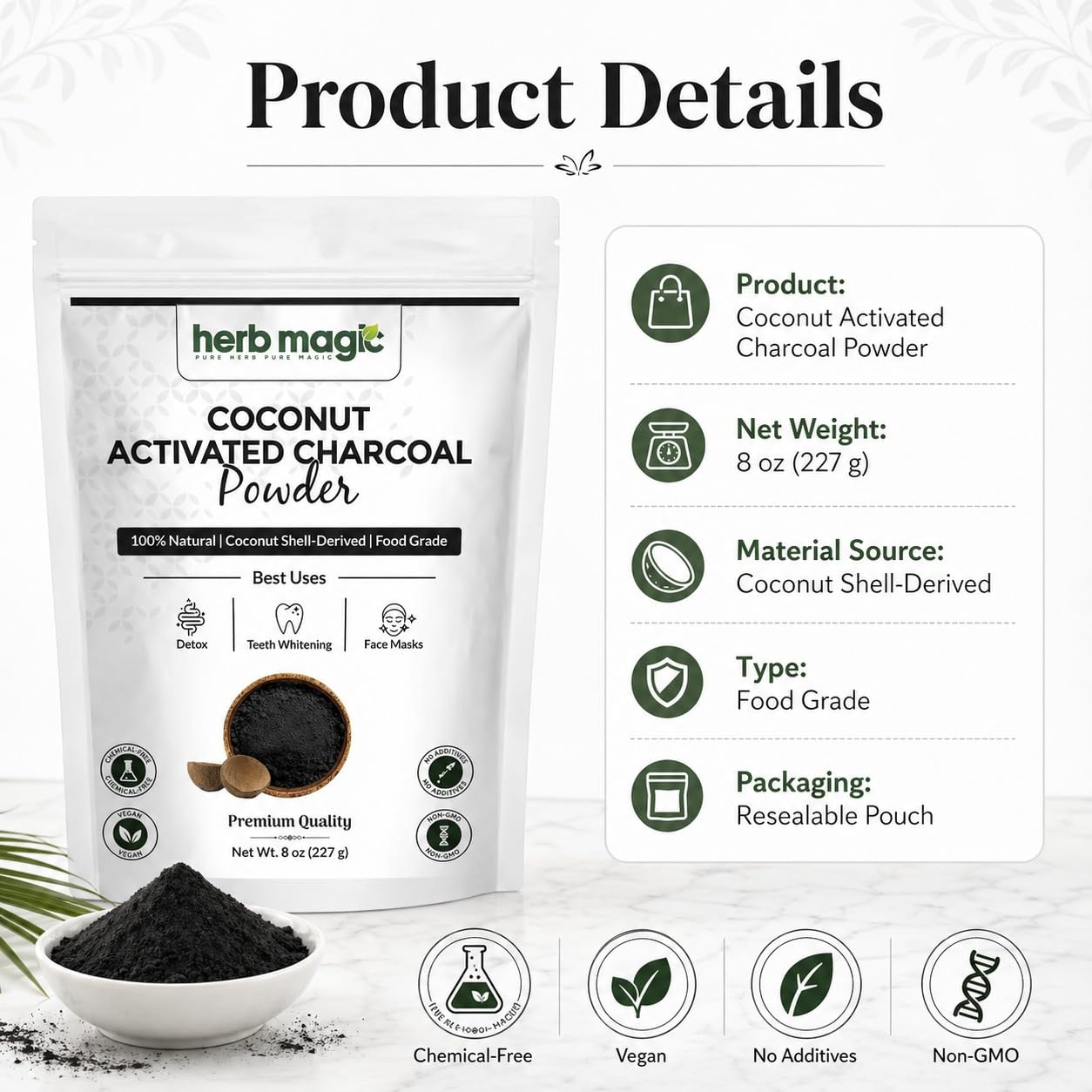 Herb Magic Coconut Charcoal Powder packaging details