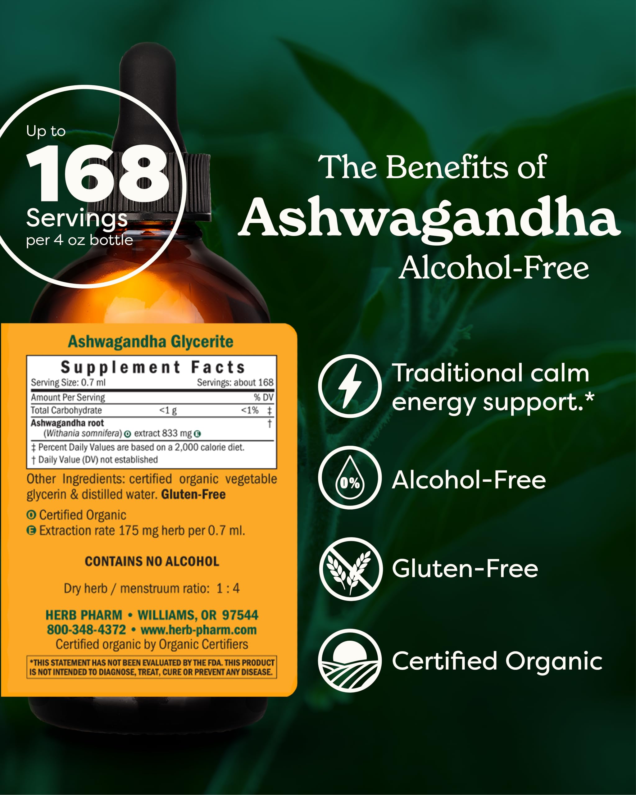 Herb Pharm Ashwagandha Liquid Extract back view with ingredients