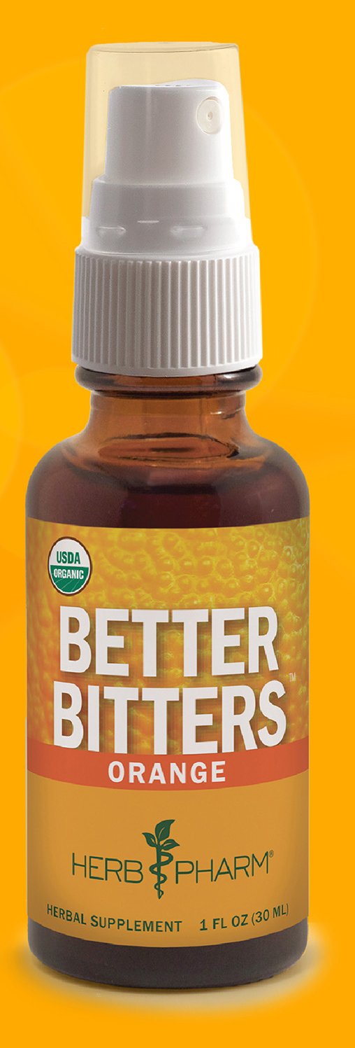 Herb Pharm Better Bitters 2oz liquid herbal extract with citrus background