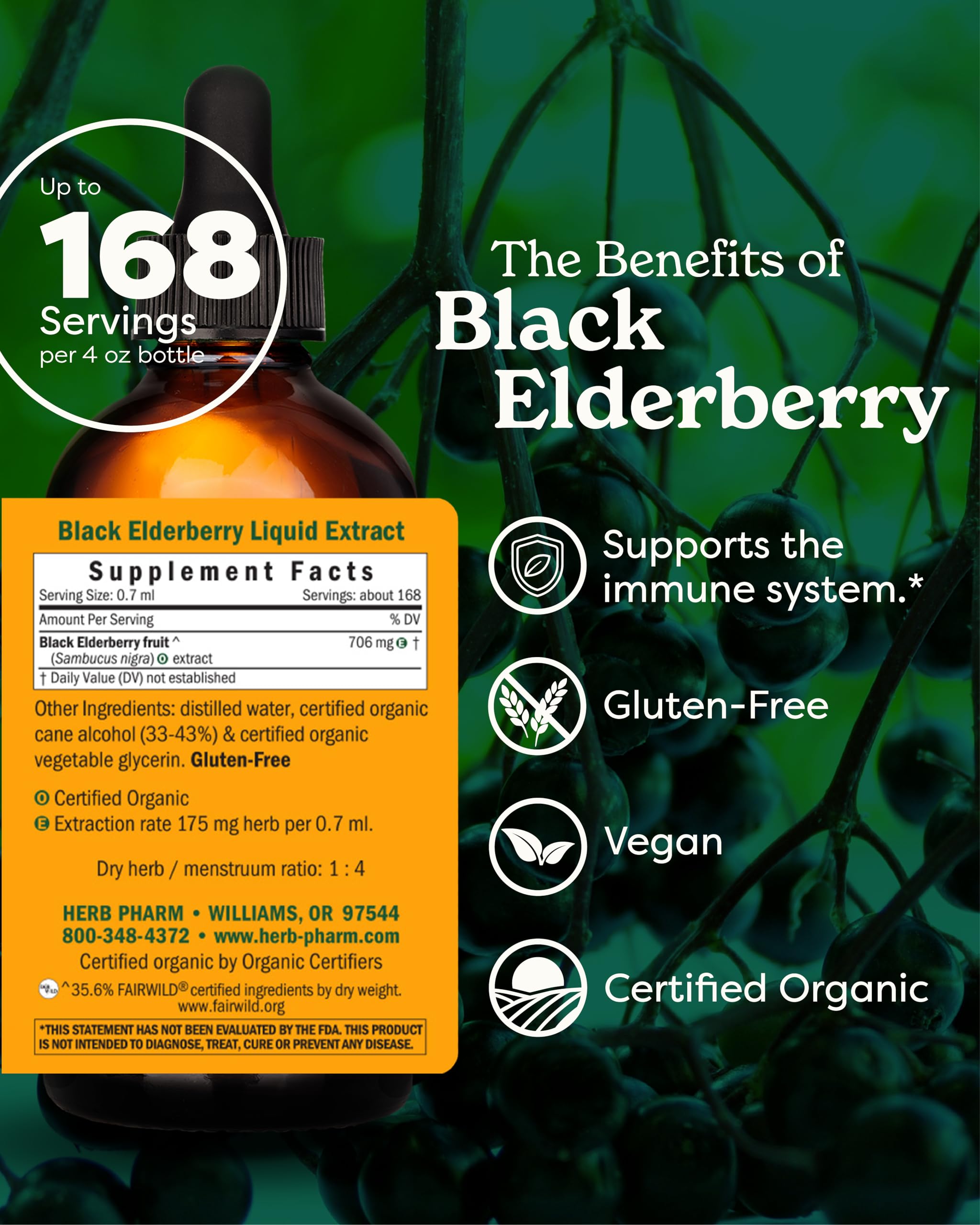 Herb Pharm Black Elderberry Liquid Extract 113g bottle side view