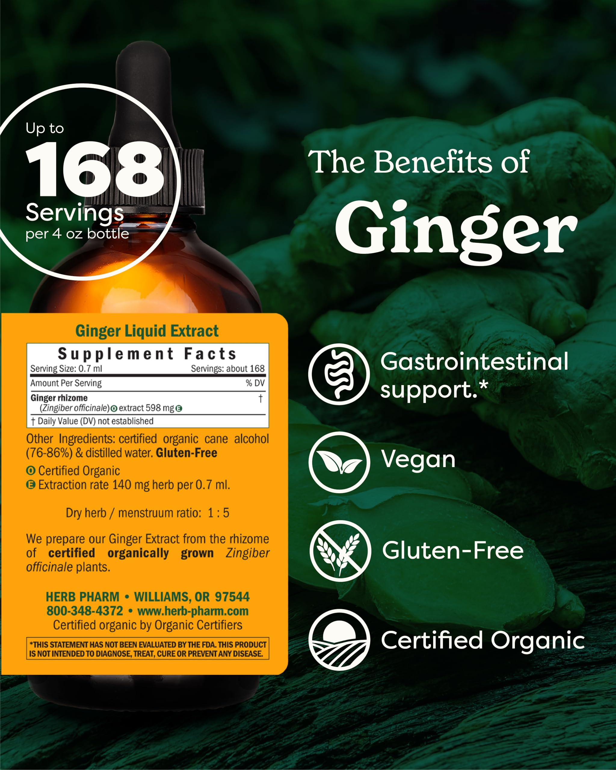 Herb Pharm Ginger Extract Organic Liquid 4 oz bottle side view