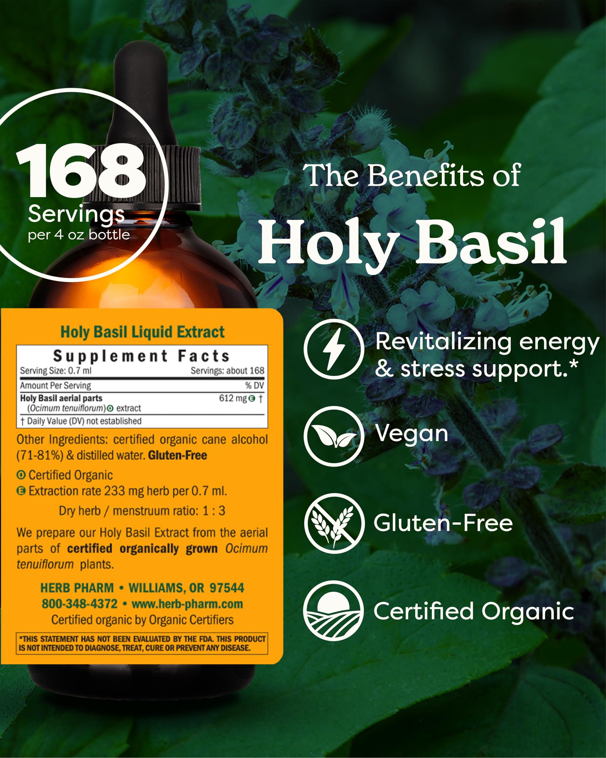 Herb Pharm Holy Basil Extract 113g bottle side view