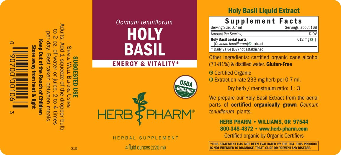 Herb Pharm Holy Basil Extract 113g liquid in a measuring spoon