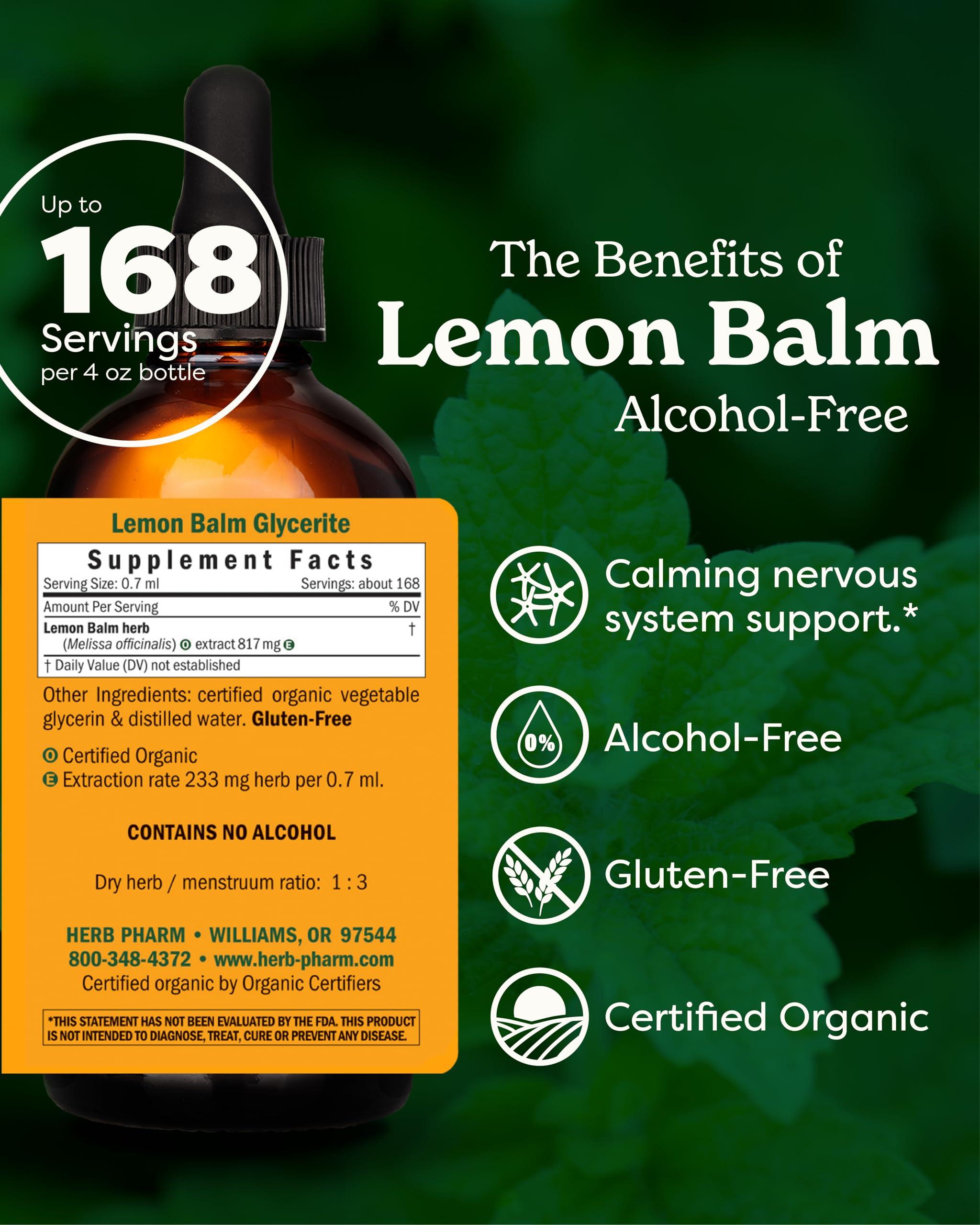 Herb Pharm Lemon Balm Liquid Extract 41oz back view