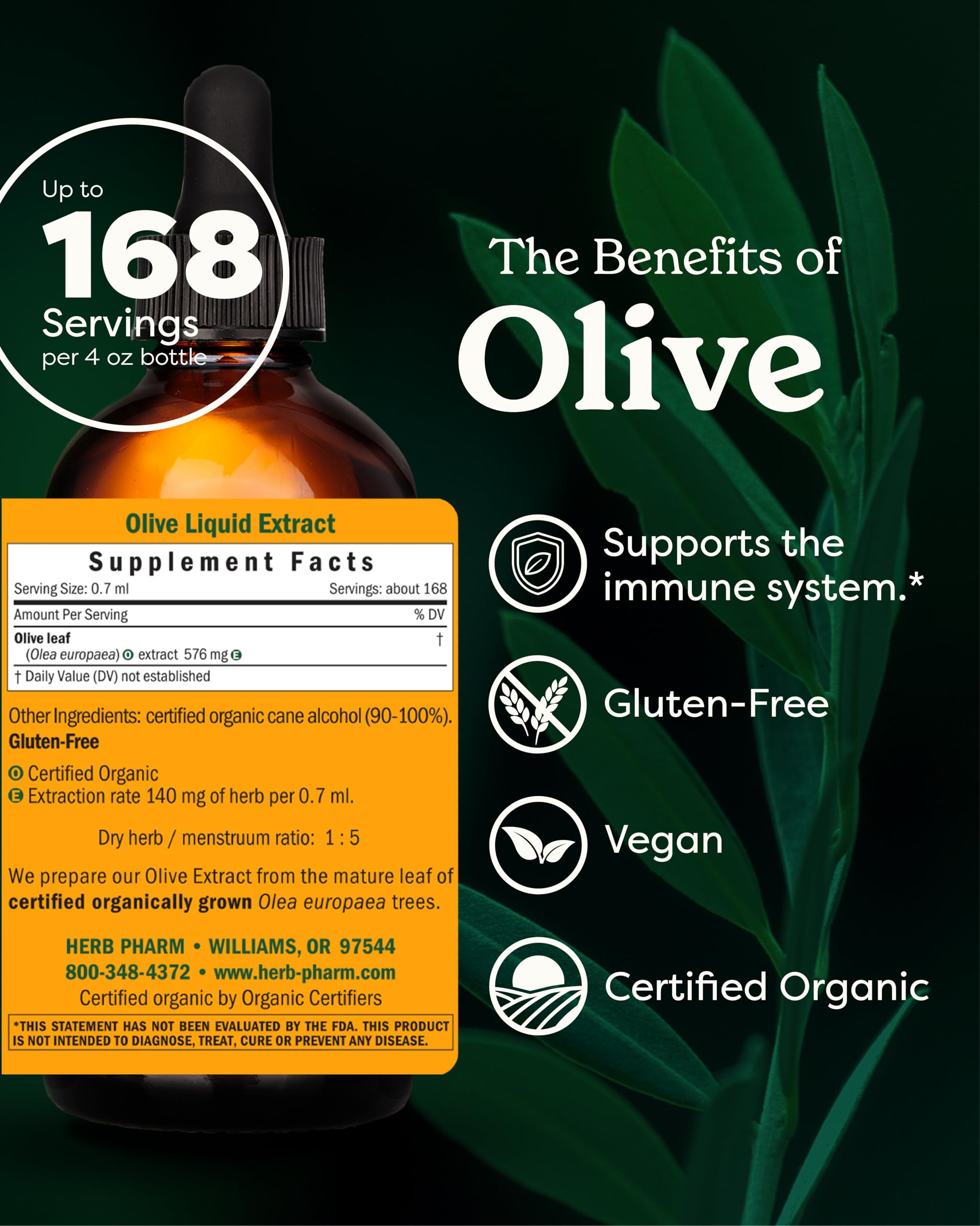 Herb Pharm Olive Leaf Extract 4 Ounce liquid bottle side view
