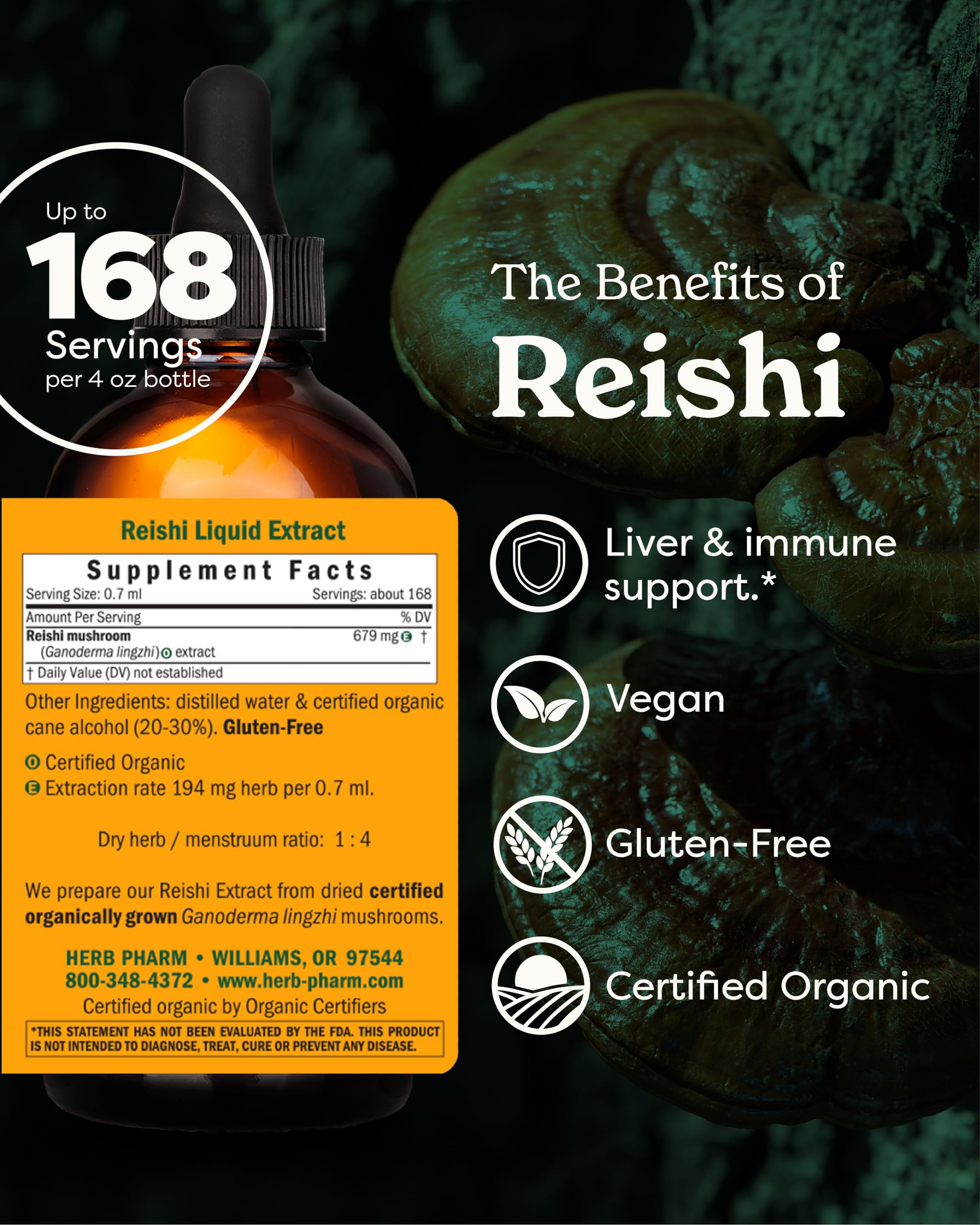 Herb Pharm Reishi Mushroom Liquid Extract back view with ingredients