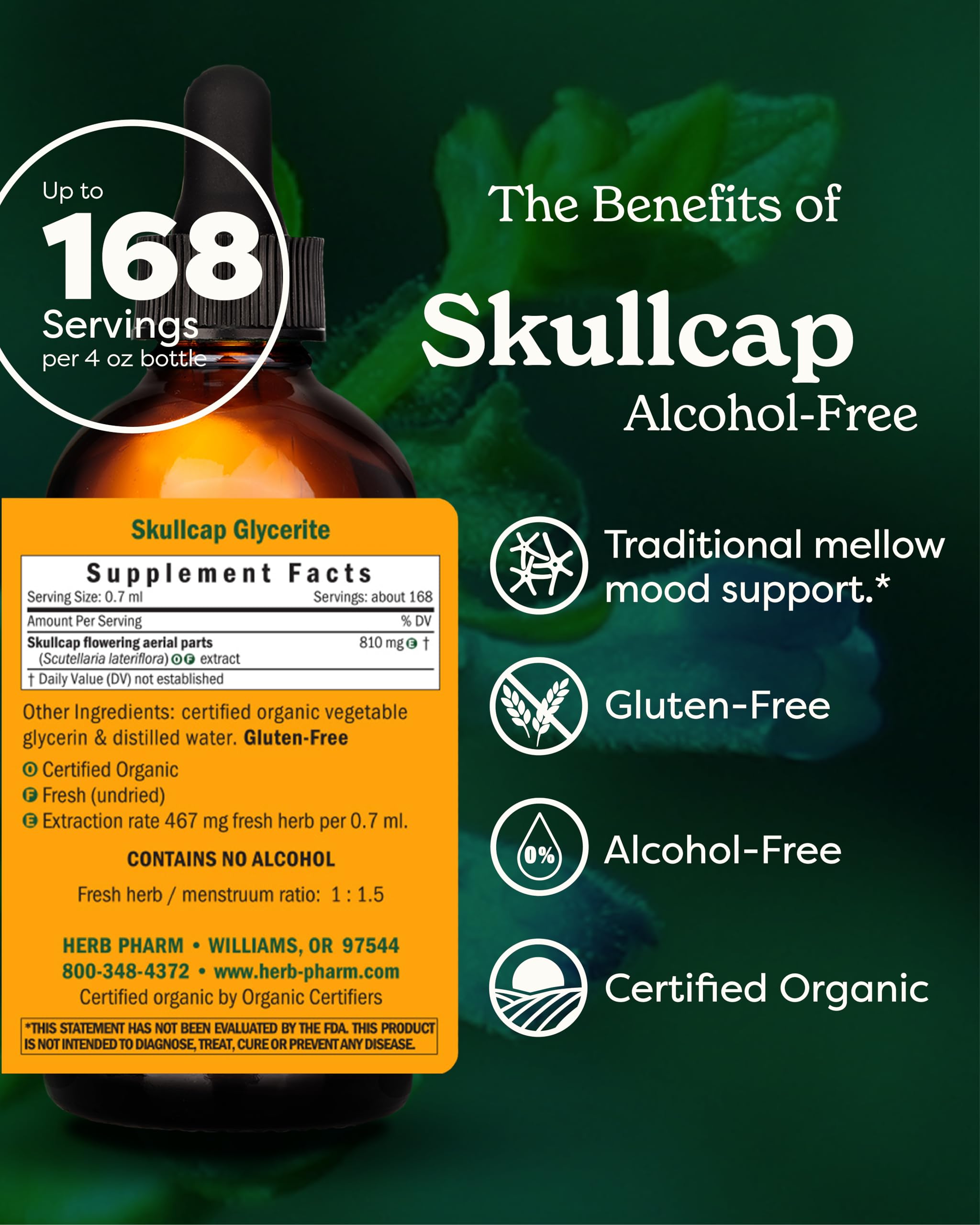 Herb Pharm Skullcap Alcohol-Free Liquid Herbal Extract 4 Fl Oz bottle with label