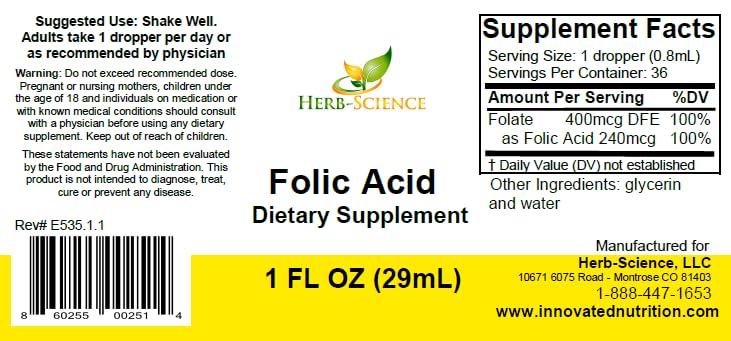 Herb-Science Liquid Vitamin B9 Folic Acid Supplement dropper close-up