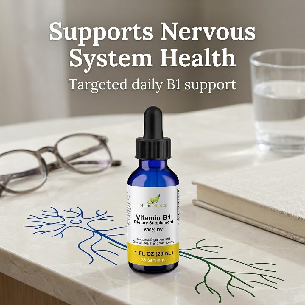 Herb-Science Vitamin B1 Liquid Drops with a glass of water