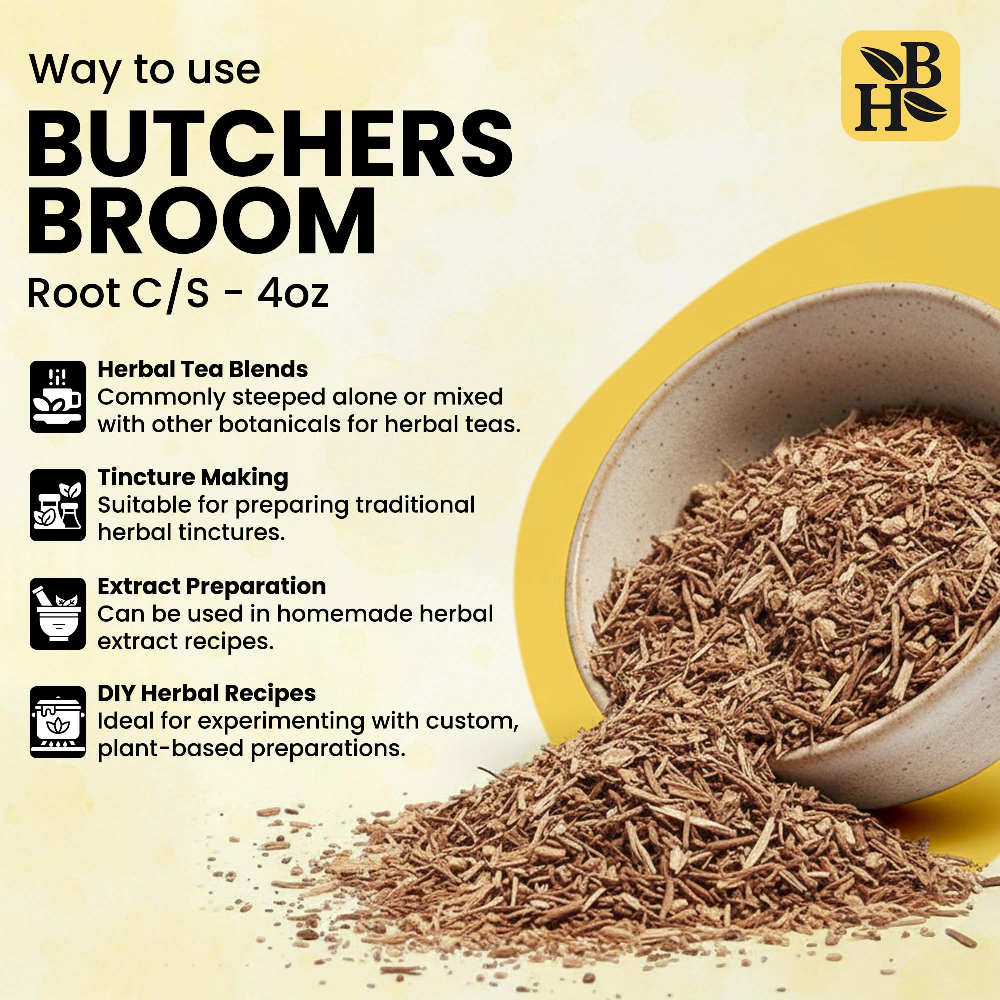 Herb To Body Butchers Broom Root 4oz packaging