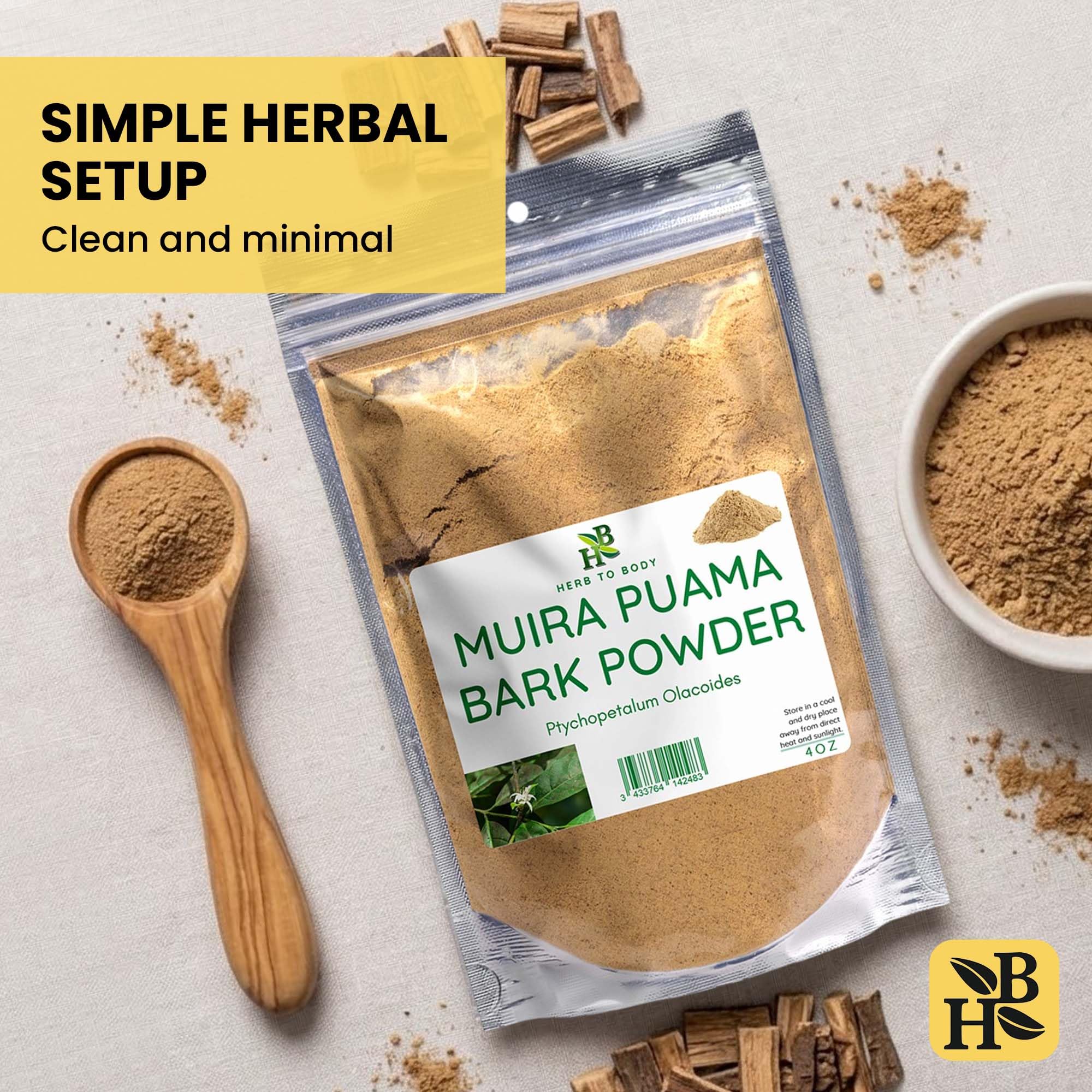 Herb To Body Muira Puama Bark Powder displayed with herbs