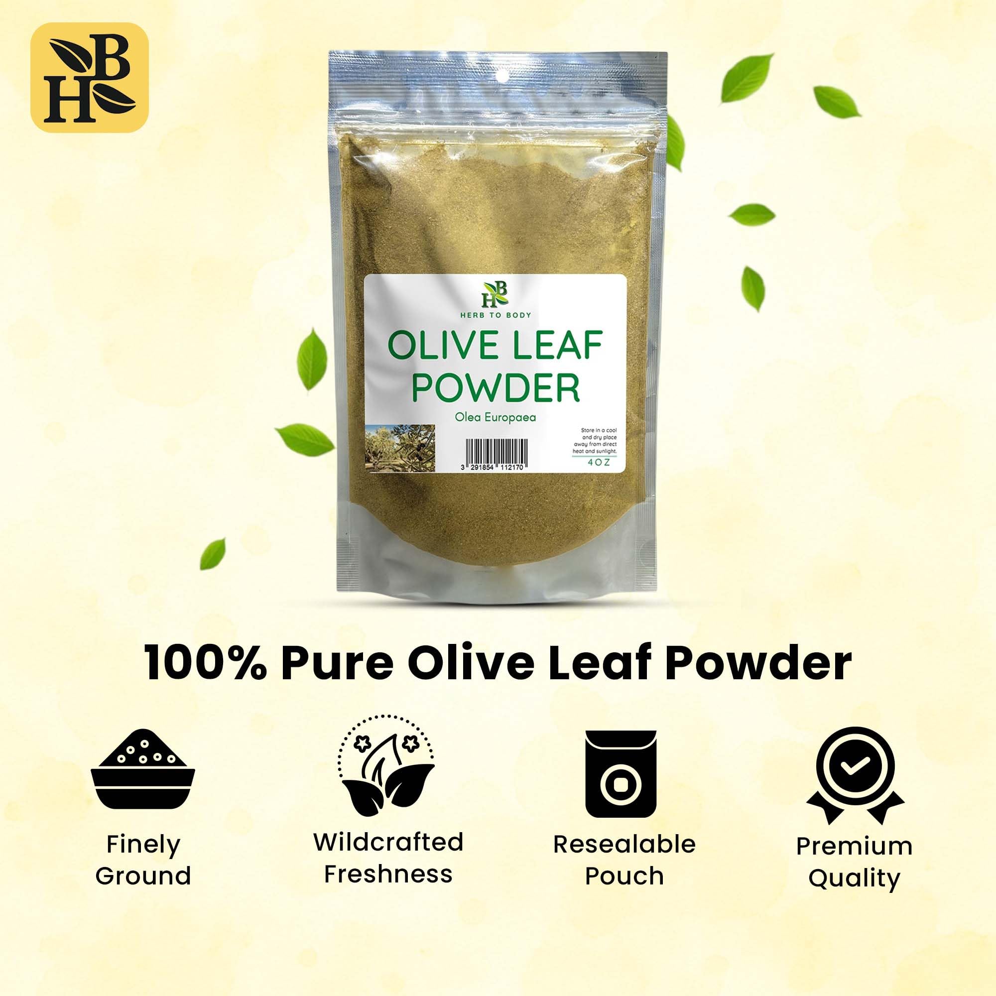 Herb To Body Olive Leaf Powder 120g displayed with fresh olive leaves