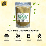 Herb To Body Olive Leaf Powder 120g displayed with fresh olive leaves