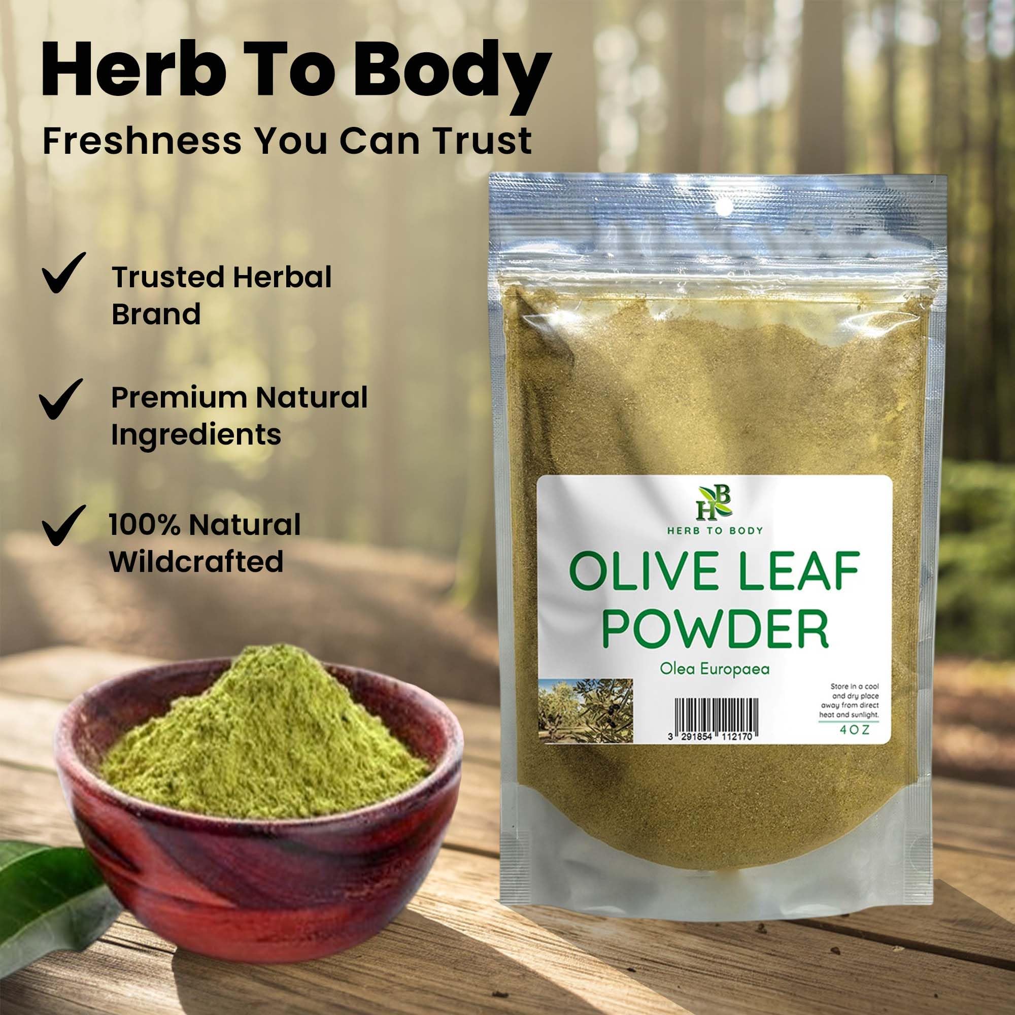 Herb To Body Olive Leaf Powder 120g in a bowl with a spoon