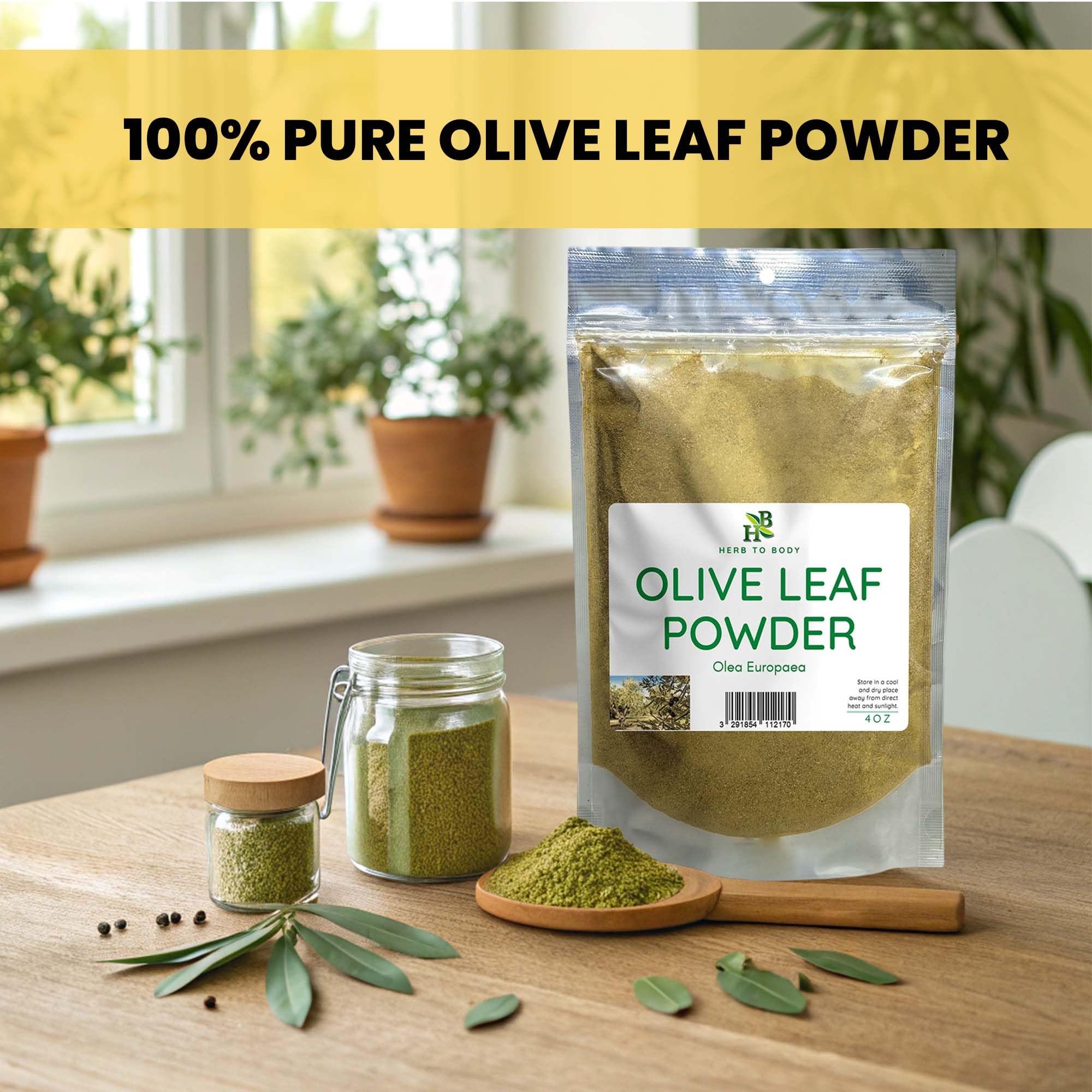 Herb To Body Olive Leaf Powder 120g side view showing the pouch